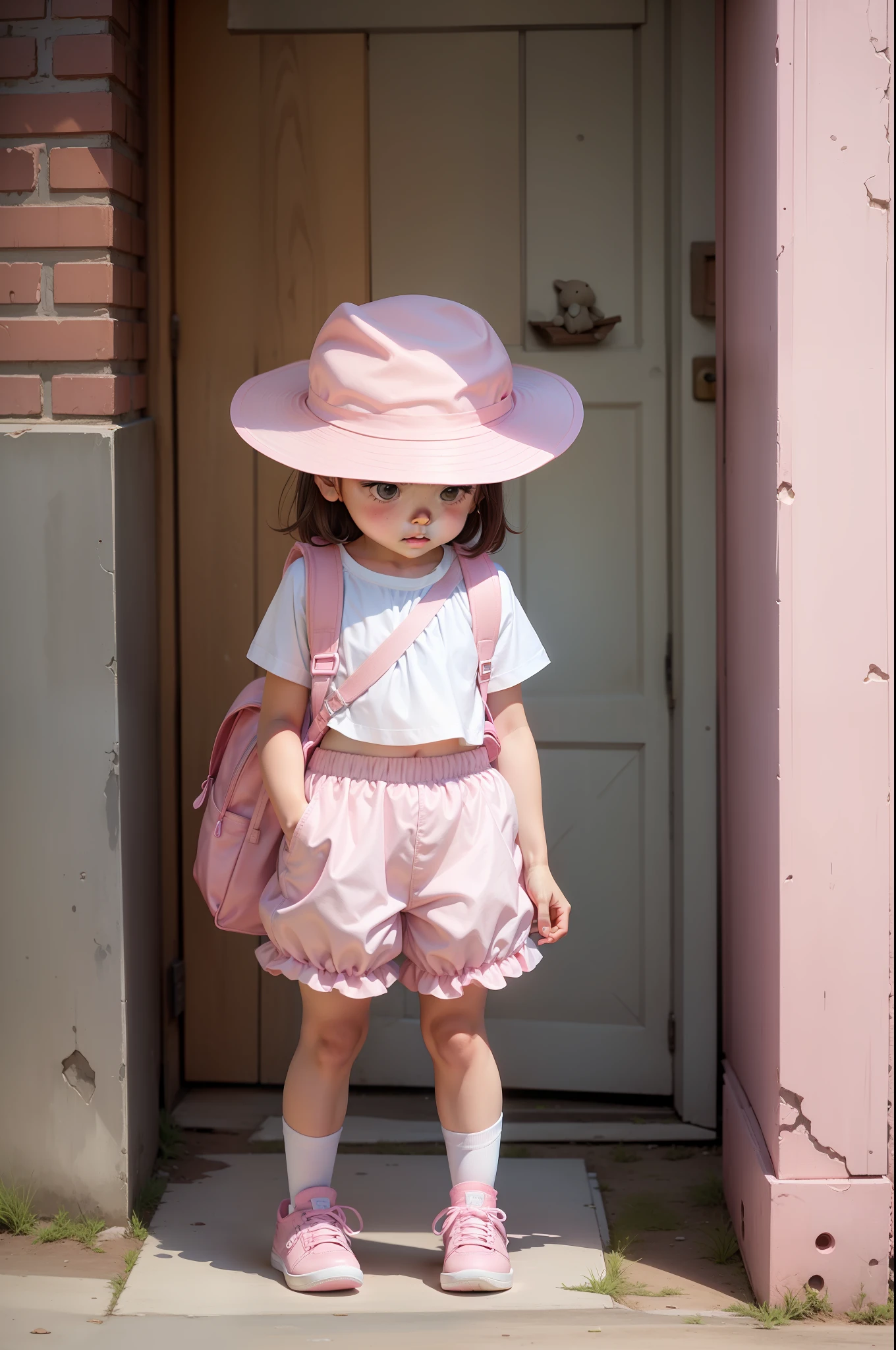 springtime,In nature,A in a white shirt,Pink shorts, wearing pink hat,Bring a pink backpack,Wear pink sneakers on your feet