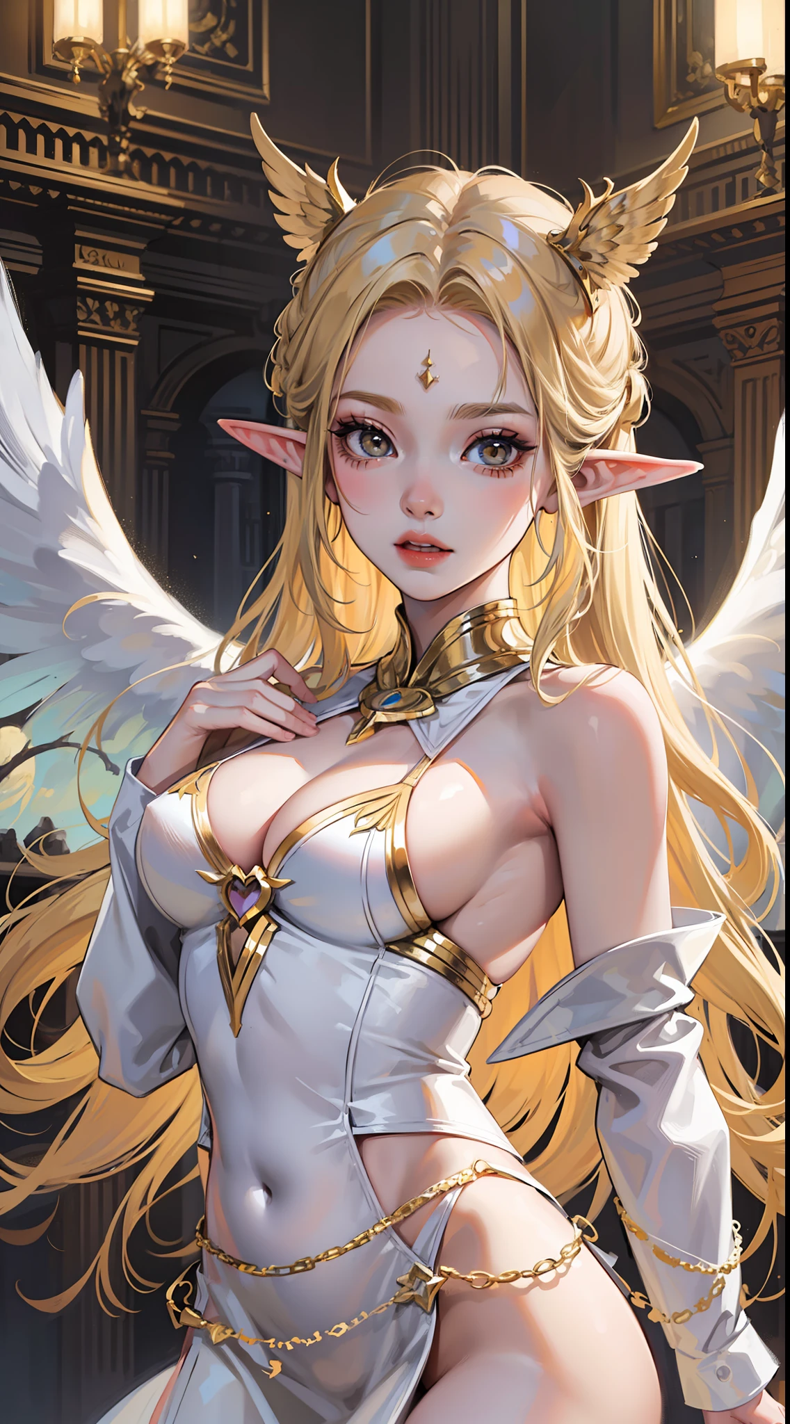 young girl, longue blonde hair, elf ears, white eyes, angel wings, Naked, gold tattoos, Masterpiece, hiquality