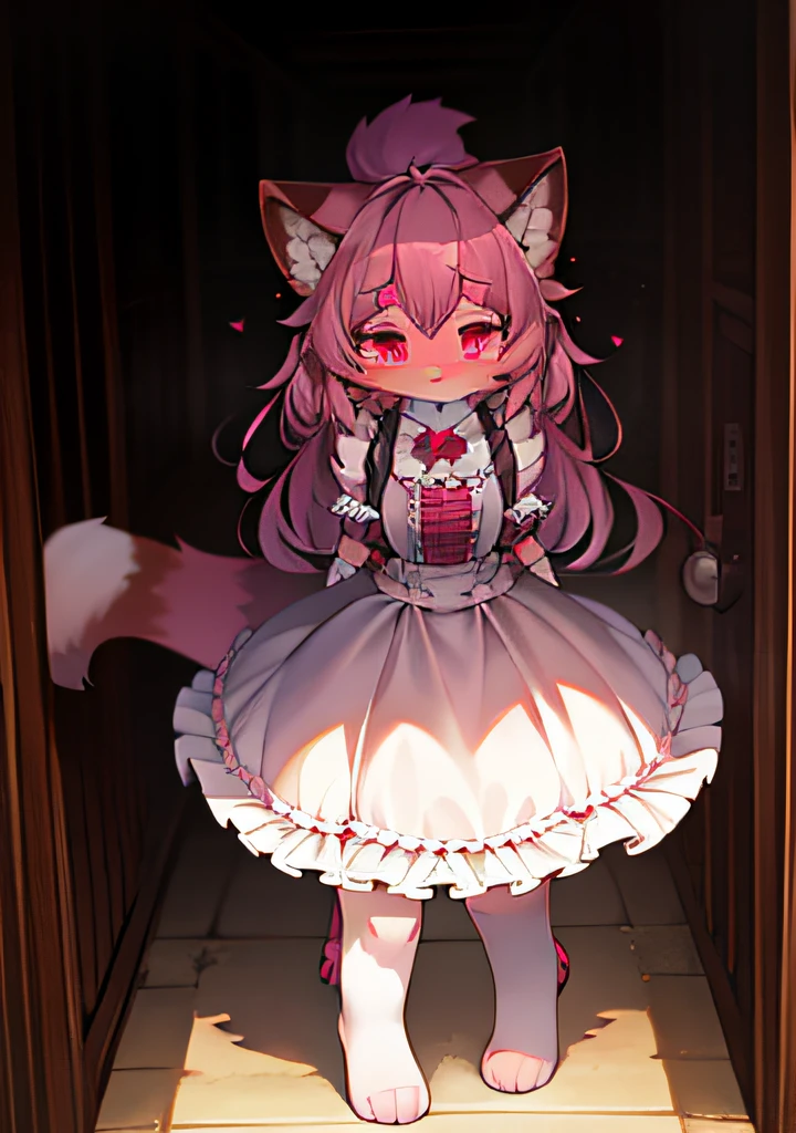 Furry female，felid，Full body fur，adolable，is shy，Lolita，eyes with brightness，Pink eyes，Fluffy tail