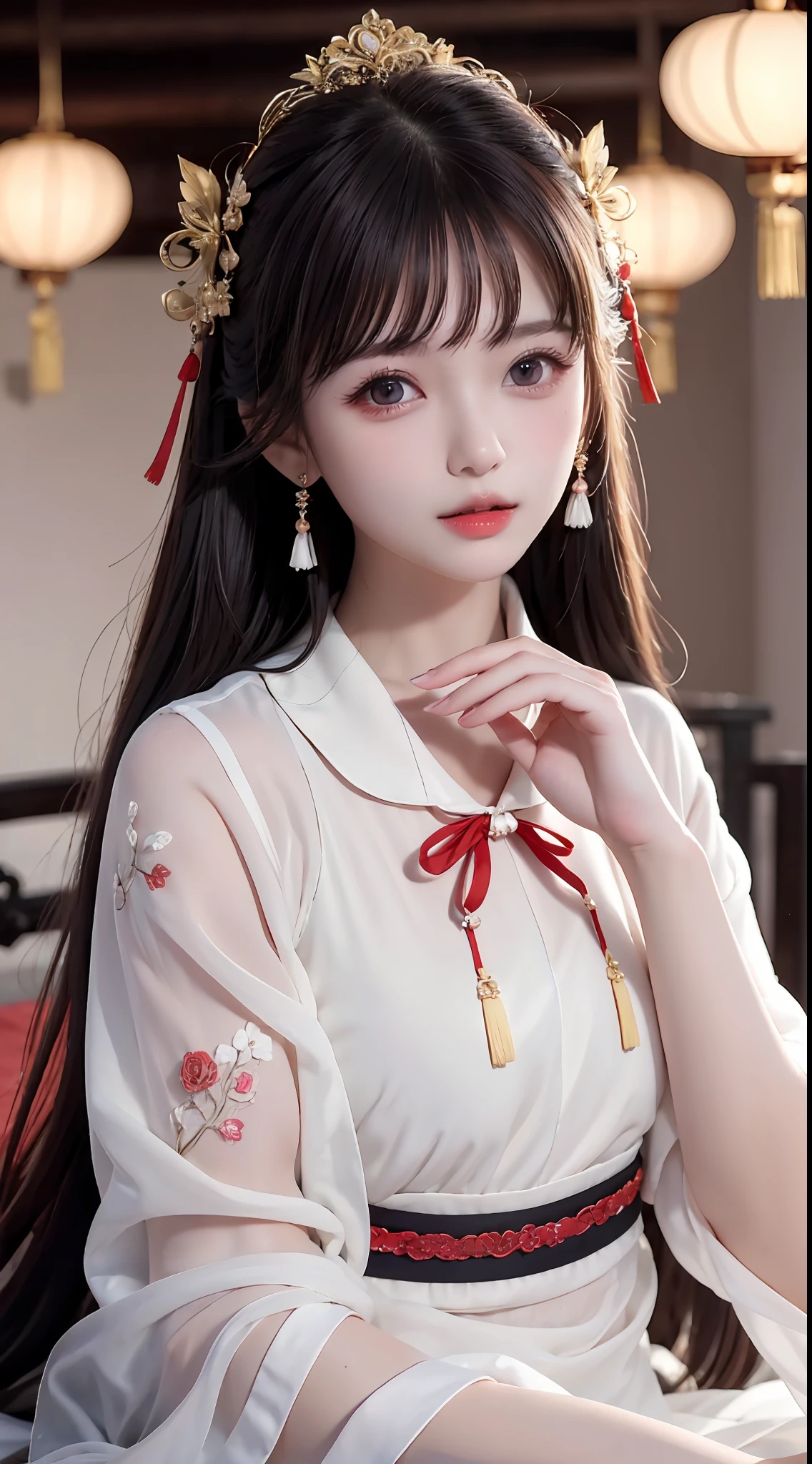 JK Maiden，A girl wearing a Japanese girls' school uniform，8K，Extremely high image quality，Cinematic film texture，photorealestic，Eating Japanese food，Nikkei background，depth of fields，Tatami room，Warm lighting，Bow on chest，Qi bangs，Long hair that falls over the shoulder，(Playful eyes)，二重まぶた，Deepening of the tail of the eyes，Lying silkworm，Wear a bracelet on your wrist，Scarlet lips，The lips are shiny and textured，Fine skin texture，Brown sparkling pupils，((((Keep your eyes on the camera))))，Slender fingers，((face round))，(((Small lips)))，Black halterneck hanfu，Small-headed spells(Prompt): （（hyper HD）），Best image quality，8K resolution，Higher quality，Works of masters，Antique peerless beauty bride，Exquisite facial features，Absolutely beautiful，Crystal red lips，ssmile，Nice big eyes，Delicate long eyelashes，Sweet with lying silkworms，鎖骨，Black color hair（（Loose Chinese antique hairstyle，Floral hair ornaments，Wearing a white sheer silk shirt with large sleeves，Glossy，Multi-layer yarn，There is beautiful embroidery，））Skin that is white and red，Extreme picture quality（（（（Get close to the viewer，Court-style mosquito nets，Festival room，Sitting on the bed spells(Prompt): Works of masters，超高分辨率，high detal，Best image quality，femele，mid hair，Double ball head，Chinese red embroidered print bandeau，Skirt that wraps hips，Stand in the attic of an ancient Chinese city，beautifullegs，During the necklace，