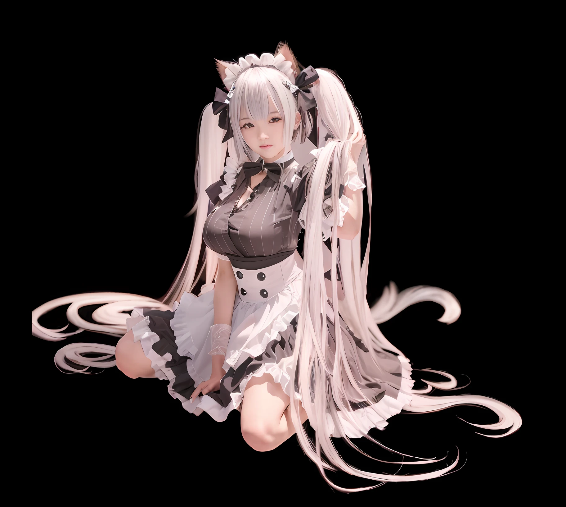 ​masterpiece、top-quality、A hyper-realistic、ultra-detailliert、hight resolution、Anime girl with long hair sitting on the ground with cat, White Cat Girl, small curvy loli, white haired god, twintails white_gloves, from the azur lane videogame, loli in dress, from girls frontline, anime cat girl in a maid costume, Girl with white hair, splash art anime loli, Gray-haired cosplay gravure idol、It's a J cup