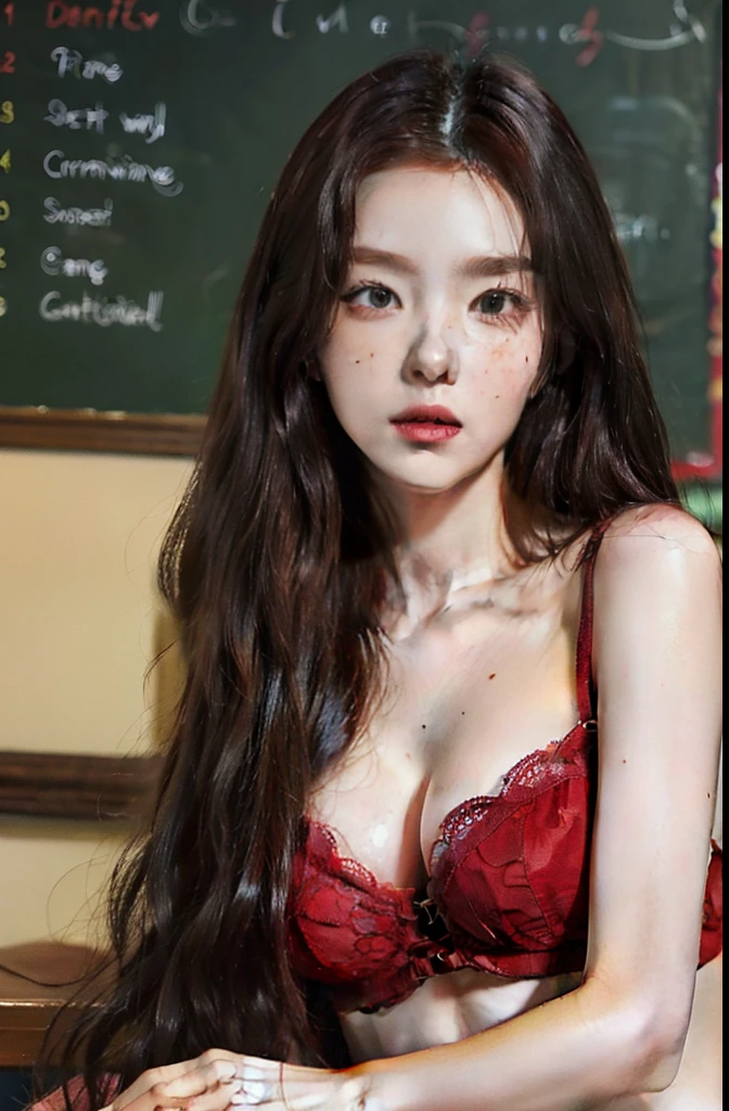 woman, long red hair, green eyes, freckles, detailed face, detailed body, well-defined body, lingerie, in a classroom, very detailed, high detail, masterpiece, irene