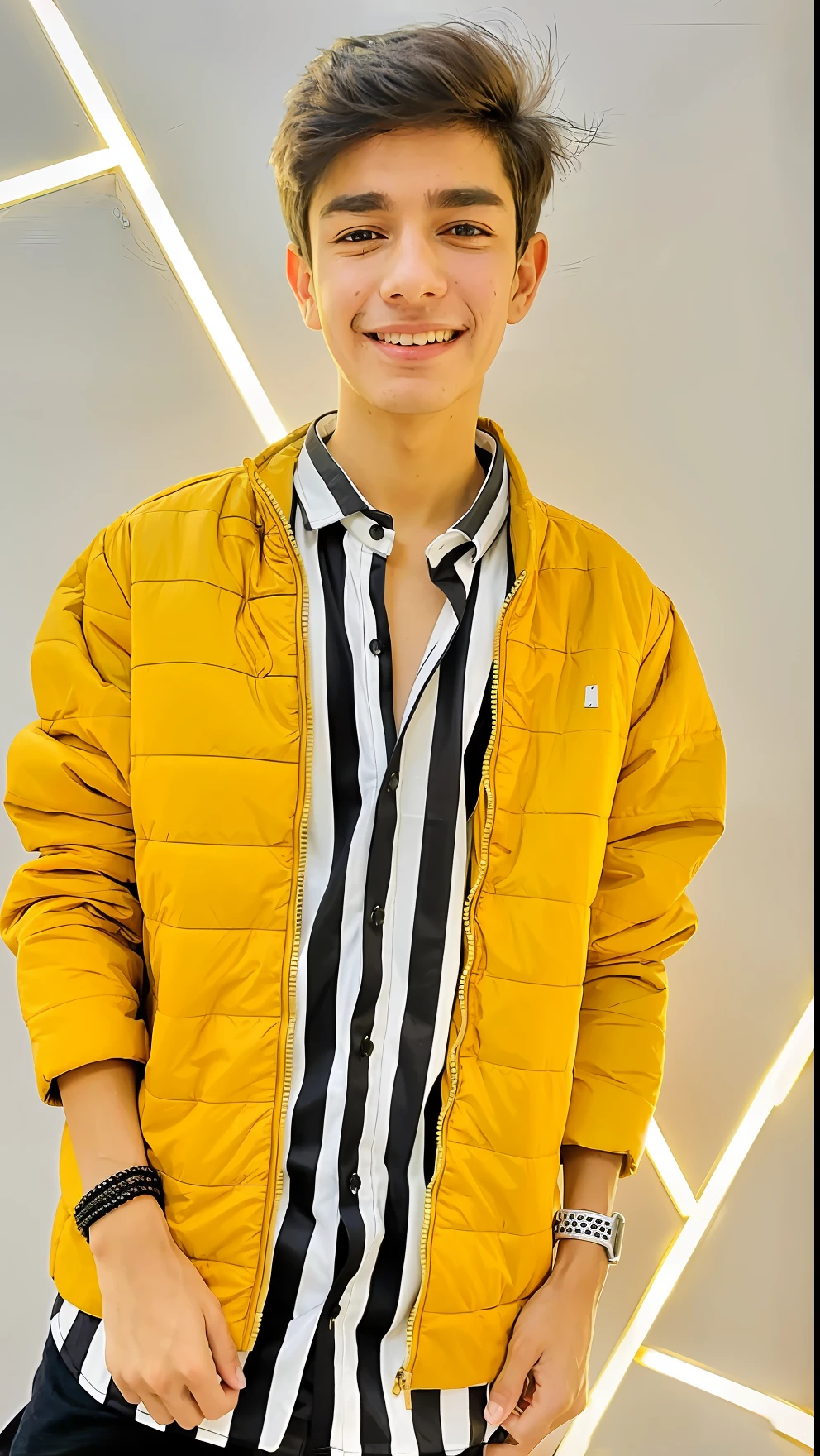 there is a man standing in front of a wall wearing a yellow jacket, tommy 1 6 years old, bladee from drain gang, with yellow cloths, smooth in _ the background, cai xukun, taken in the early 2020s, solid background, yellow clothes, album photo, taken in 2 0 2 0, hyung tae,Change background cyberpunk handsome boy, realistic face, 8k, ultra realistic