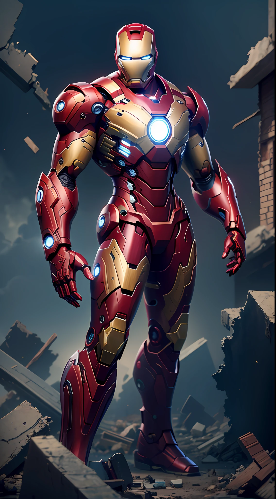 hyper HD, Masterpiece, Anatomically correct, ccurate, Textured skin, Super detail, High quality, High details, Award-Awarded, Best quality, A high resolution,Iron Man stands on the ruins of destruction,