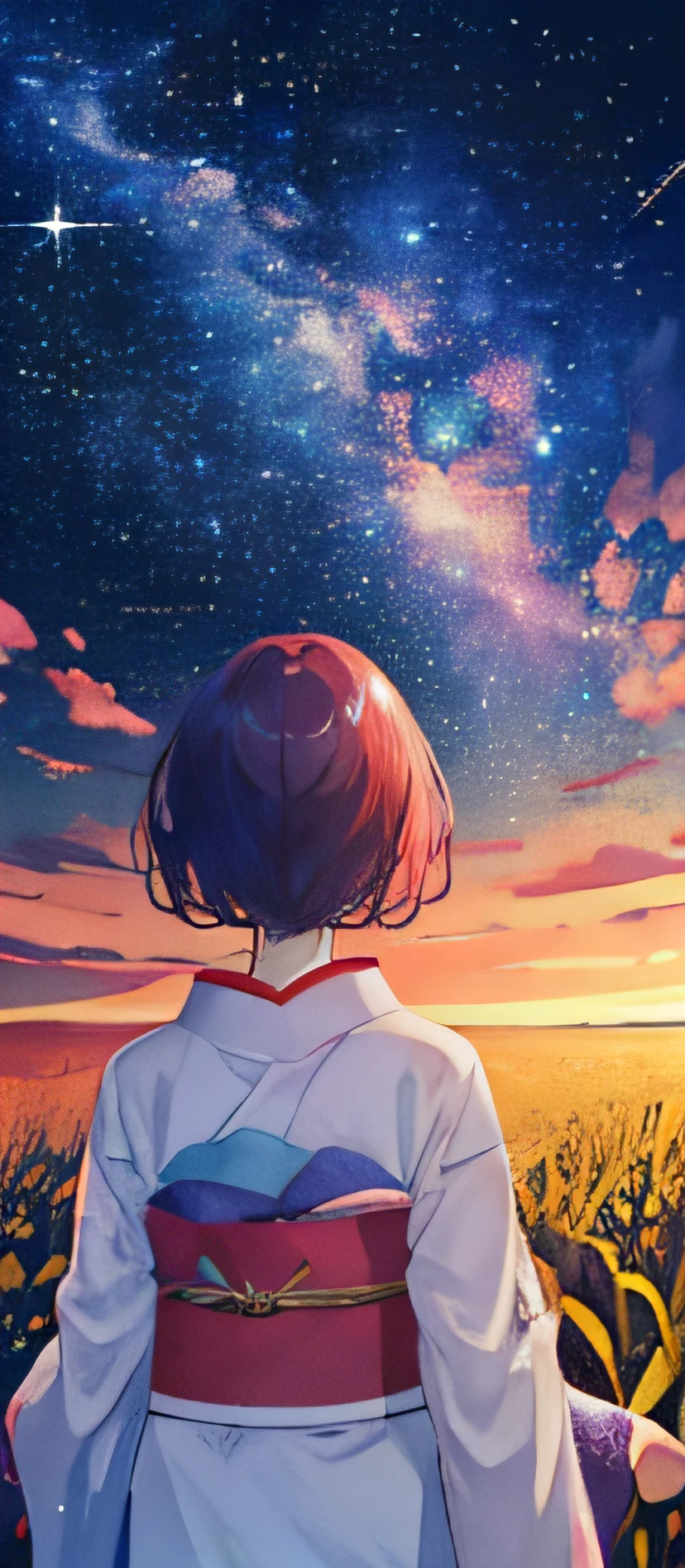 1girl，A girl from afar gazing at the stars in a kimono，（zoomout：1.1），（meteor shower：1.2），（comets：1.1），Your name，low angles，From behind，aurora borealis，meteors，bathrobe，red color Hanfu，SakuraNS，standing in a field，Best quality at best，tmasterpiece，​​clouds，Colorful，Starry，As estrelas，