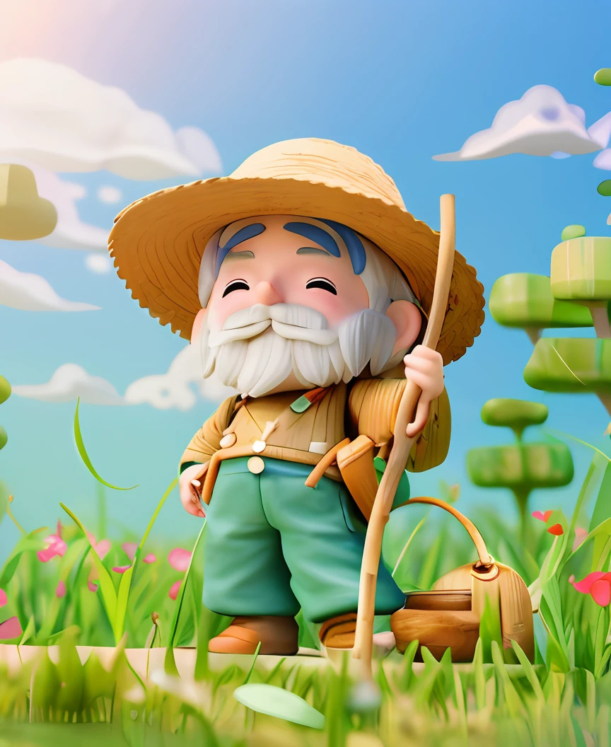 Close-up of cartoon character holding a stick in a field, Cute detailed digital art, japanesse farmer, farmer, portrait of hide the pain harold, tiny villagers, hide the pain harold, lovely digital painting, cute 3 d render, adorable digital art, Mobile game art, Amazing wallpapers, lovely art style, Mobile game background, high-quality wallpaper，White eyebrows