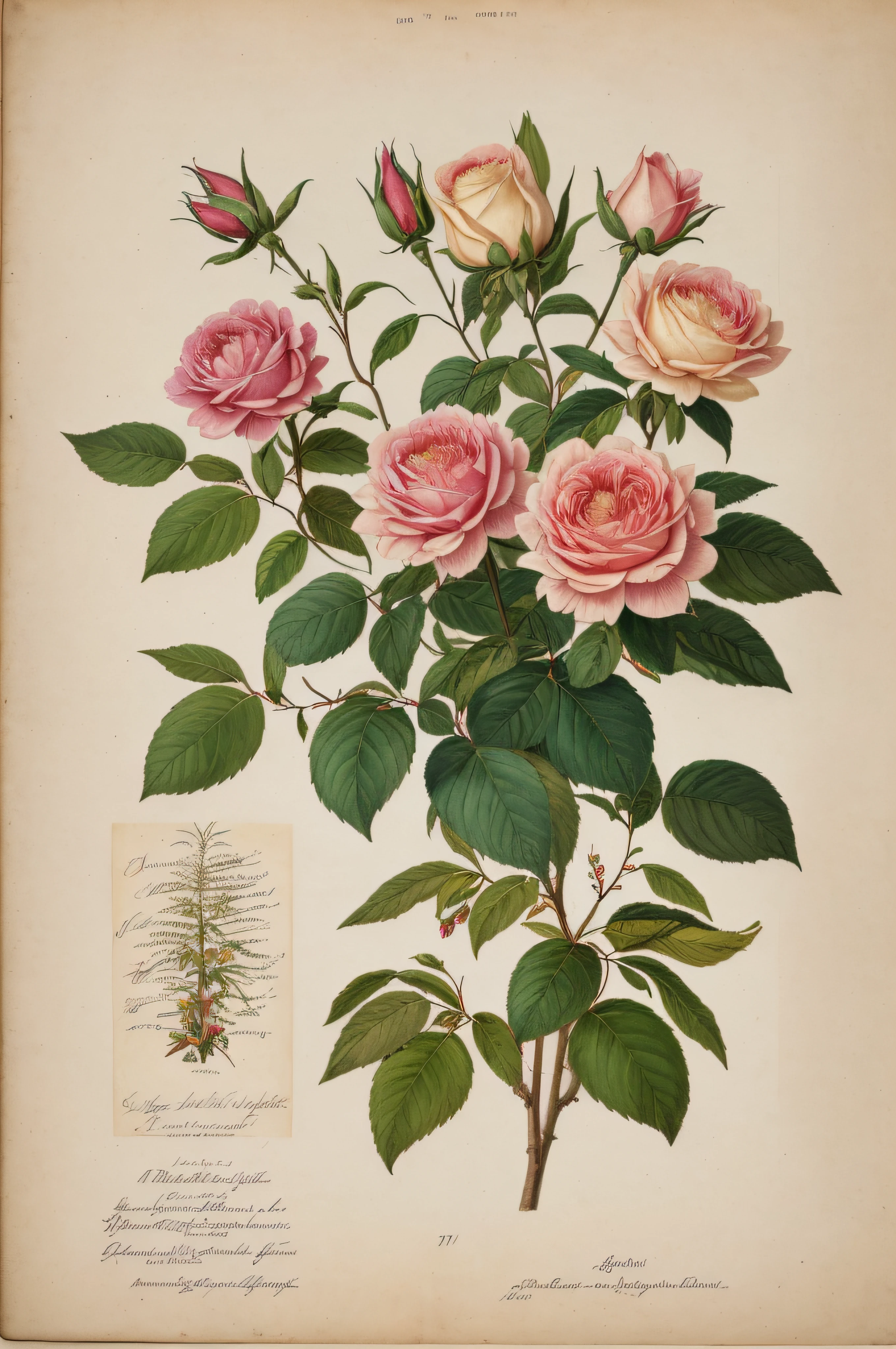 (best quality:1.2), (detailed:1.2), (masterpiece:1.2), vintage botanical illustrations of Larger Provence Rose (1770 1775) in high resolution by John Edwards