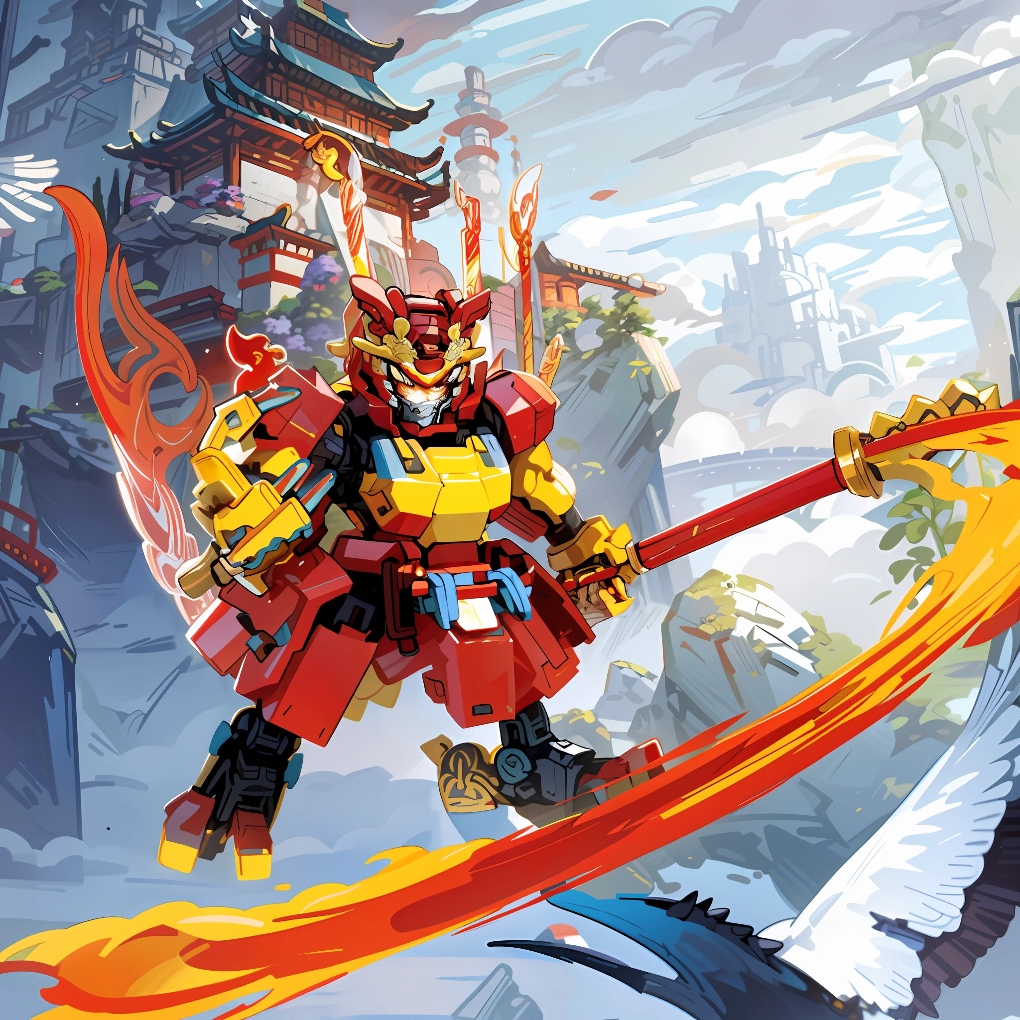 A mecha monkey，Qi Tian Great Sage，Wearing a red armor，Holding a golden hoop rod in his left hand，facing to audience，There is a translucent fire on the back，Highlight the subject，Portray the details，Complete limbs，There was a cloud of flame under his feet，Bright and flaming eyes