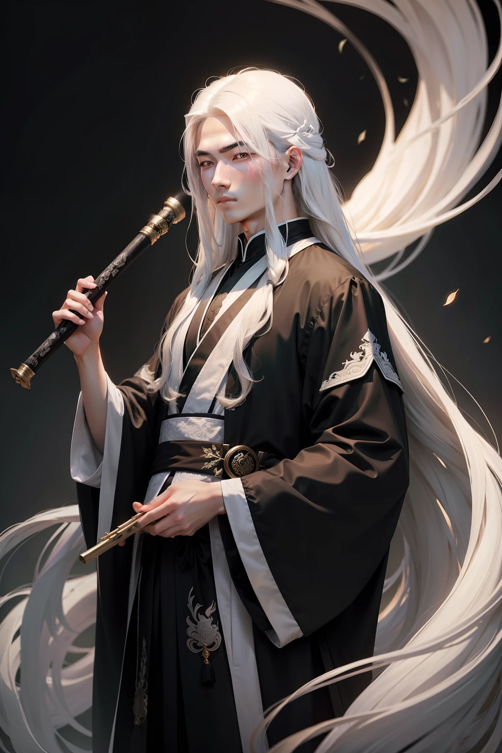 China-style,White long-haired youth,Black moire robe,Holding a dark green flute in his hand