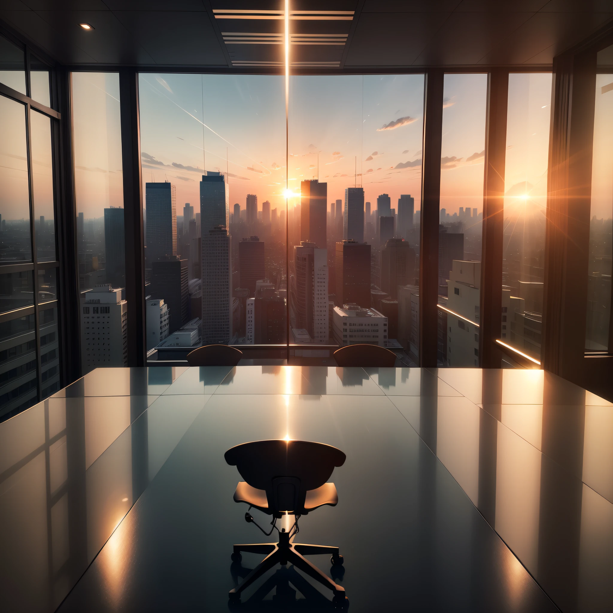 sunraise, Large glass overlooking the city,Left-right symmetrical composition,empty office,Clean the floor,No furniture
