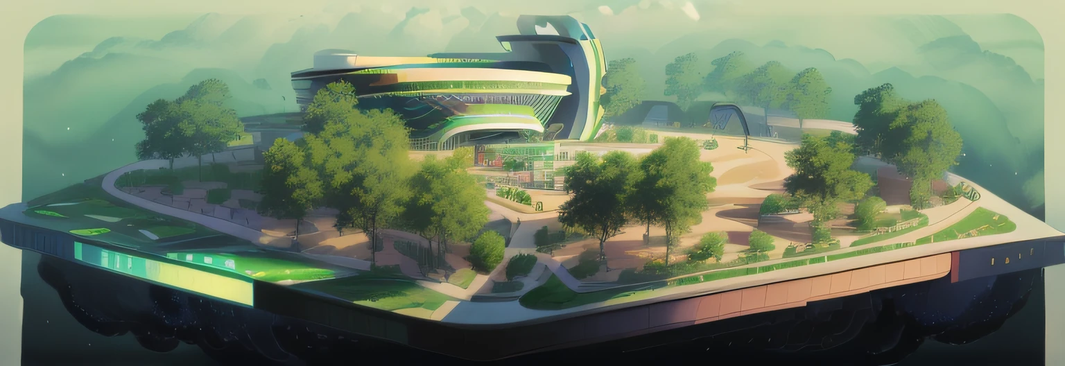 A park floating in the sky,There are a large number of clouds in the air,It has a large area of empty park,There are some merchandise display areas in the park,There are science and technology sports venues in the park,There are two entertainment areas in front of the venue,The venue is low but large,Open sports venues,An architectural masterpiece of the Games from the future,A fusion of nature and technology,Open space modern style,glass window,open ceiling, overlooks,Advanced intelligent structure,The concert venue is located in a Ghibli-style park,Wide-angle perspective,Surrounded by dense jungle,in style of ghibli,Feeling of warm colors,Futuristic urban sports venue architecture,Zaha Hadid style venue,Realistis