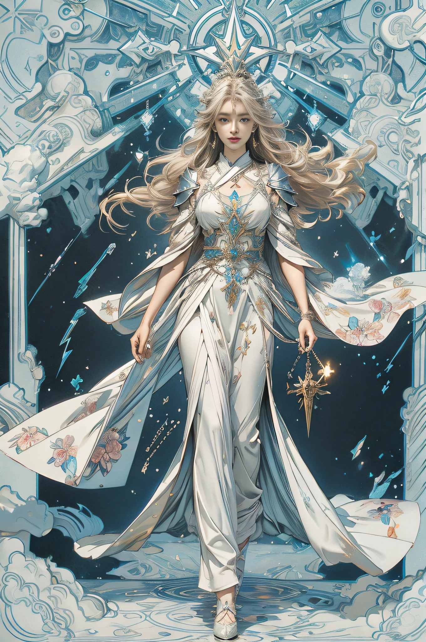 1girll，korean people，delicated face，big breasts beautiful，Big eyes，full bodyesbian， divino，high and cold，Flowing hair ，Face details，Gorgeous armor，Gorgeous accessories，White skin of the，Silver-blonde hair， divino，tmasterpiece，(florals），（lightning bolt），（firey），（Eau），salama，Sateen，Scattered pieces of paper，had his hands folded，fantasy，holy rays，Reality and dreams combined，8k，Top notch，best qualtiy，tmasterpiece，high-class，closeup cleavage，from the front side，facing to audience，full bodyesbian，solo，style de carte de tarot