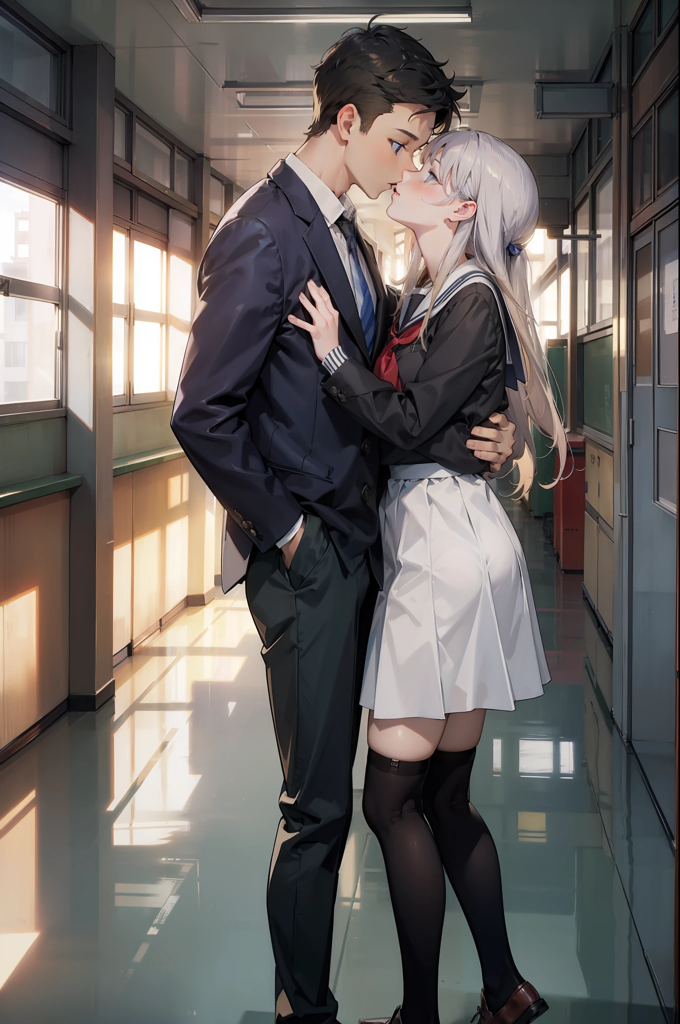 1girl, school hallway, school uniform, 1boy, kiss,, masterpiece, best quality, highly detailed