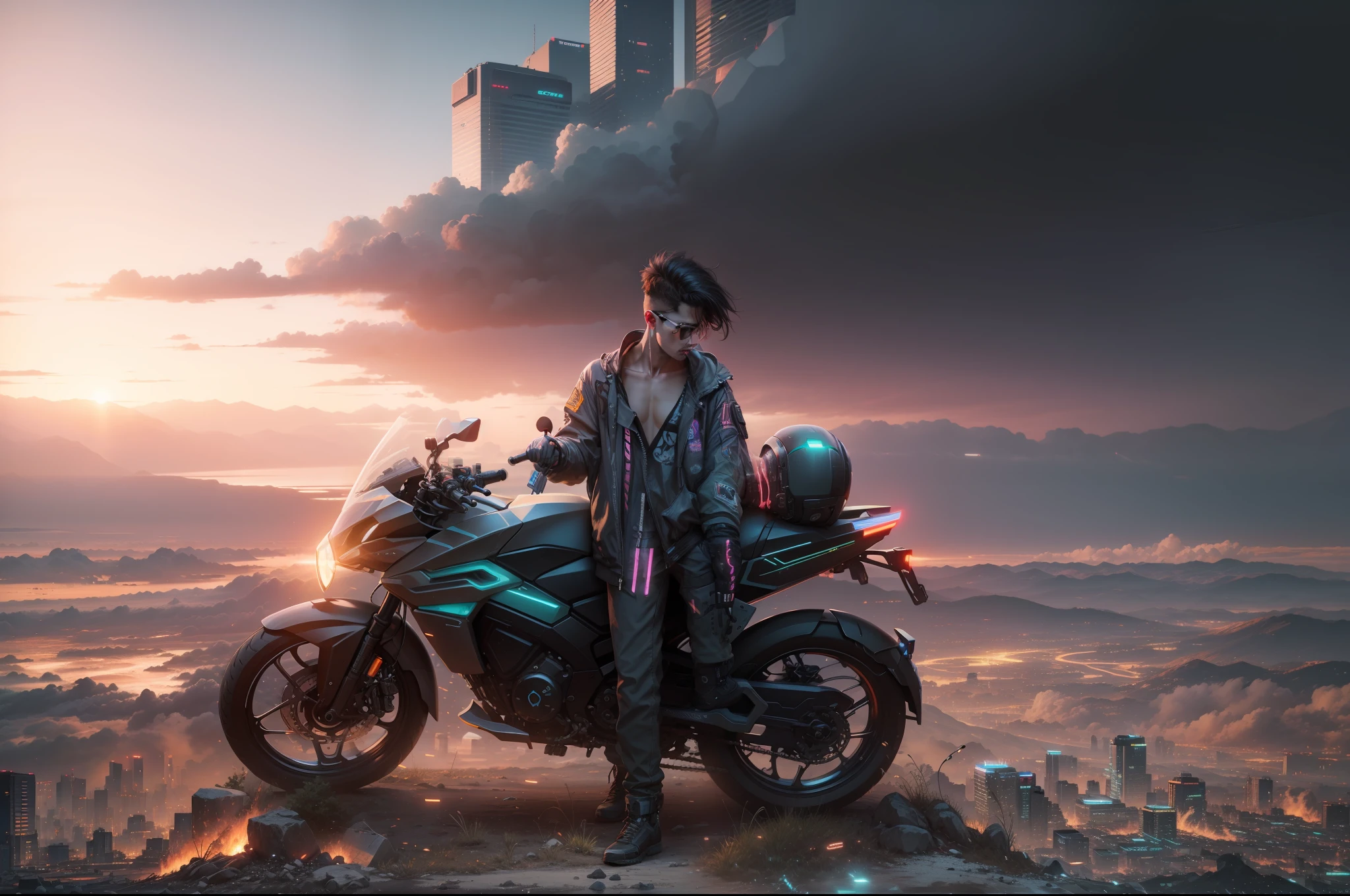 Cyberpunk futurestic boy, sc fi city, realistic hd, neon bike, burning helmet