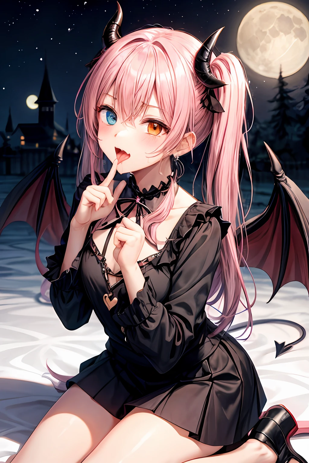 Pink hair. Pigtails. Miniskirt. Earring. Devil's wings. Fallen angel. Yami Ochi. Evil chi. Devil. Universe. Moon. Heart-shaped vacant chest. Heart logo. Blush. The devil's tai. Open mouth. Stick out your tongue. Sweat. Drool. Lick your fingers. Put your finger in your mouth. Get on your knees. Kneeling. Cover your eyes with a cloth. fang, heterochromia