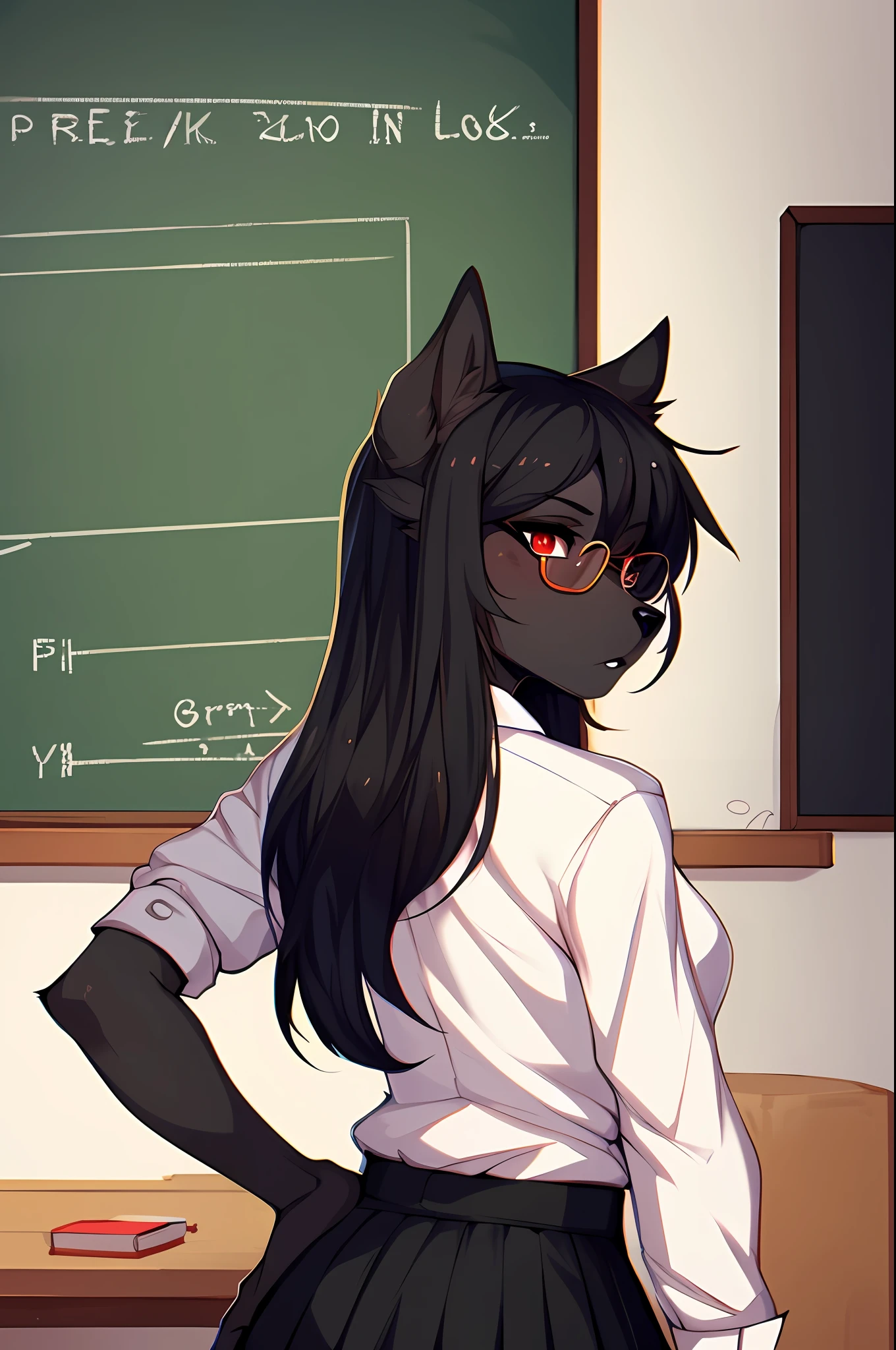 Solo, (by hyattlen, by fumiko, by claweddrip:1.2) an all black female anthro furry dog girl, (black furry body:1.2), very long black hair, wearing a button up white shirt, long black skirt, wearing glasses, serious look on face, leggings, high heels,standing in a classroom, teaching, in front of a chalkboard, masterpiece, (cute snout:1.2) black nose, solid red eyes,