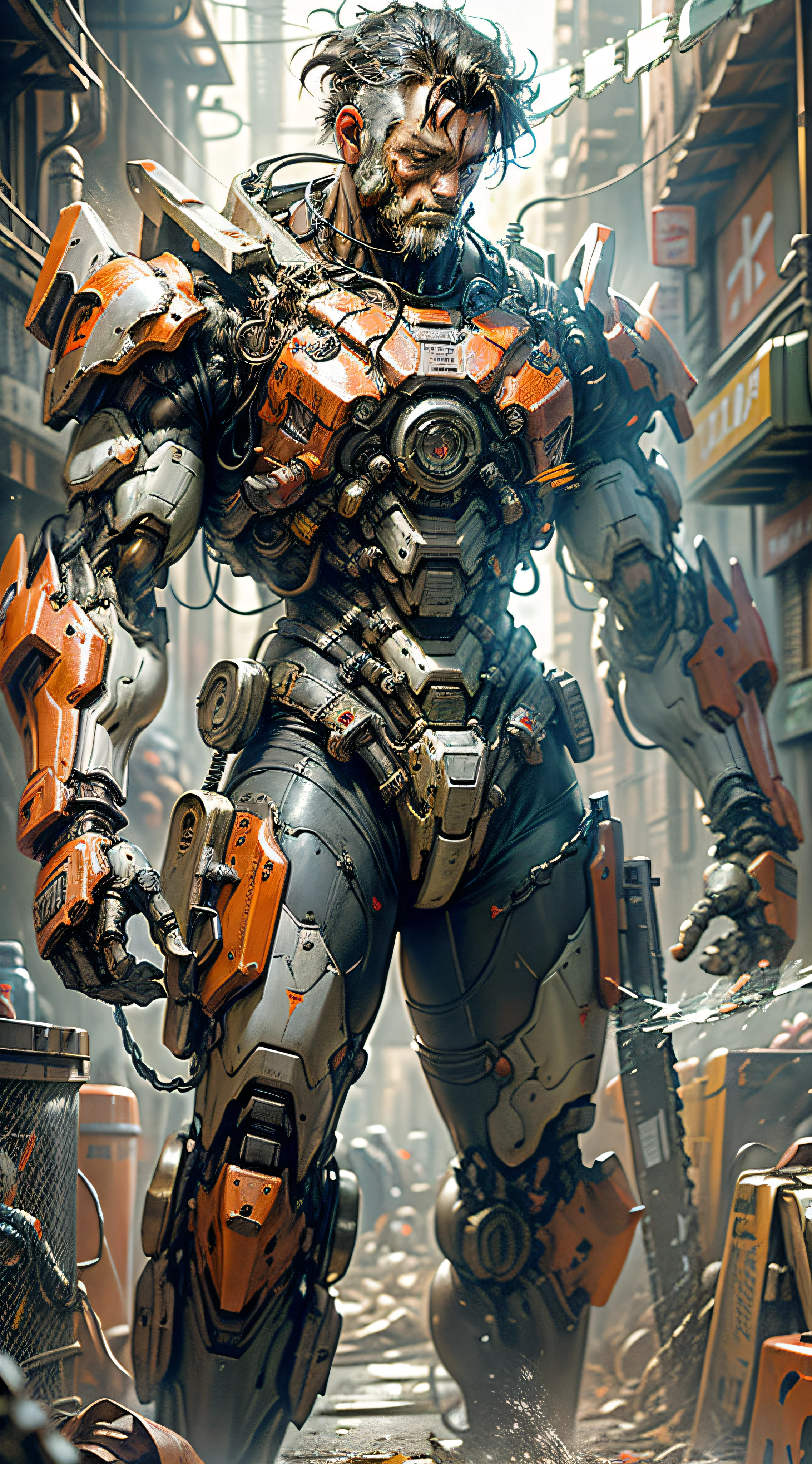 Dark_Fantasy,Cyberpunk,(chain saw,chain saw man,Red:1.1),1man,Mechanical marvel,Robotic presence,Cybernetic guardian, wearing a worn-out mech suit, intricate, (steel metal [rusty]), elegant, clear focus, shot by greg rutkowski, soft lighting, vibrant colors, masterpiece, ((street)), cowboy shot, dynamic pose,