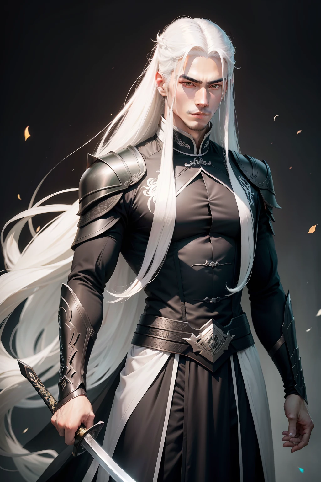 China-style,Handsome guy with long white hair,Black moire dress,Holding a dark green sword in his hand