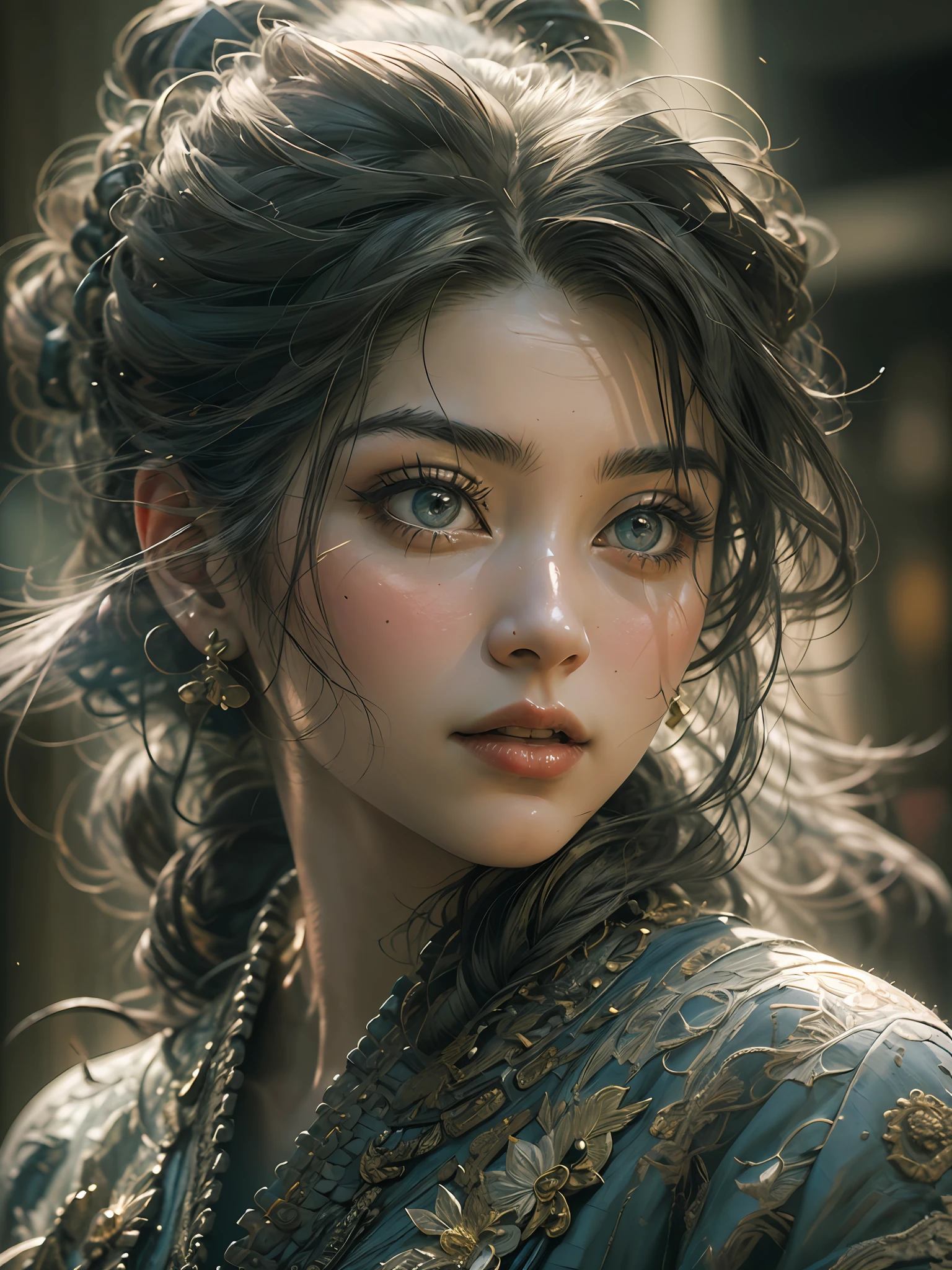 ((masterpiece))), (((best quality))), ((ultra-detailed)), (hyperrealistic), (highly detailed photo), natural lighting, photorealistic, extremely beautiful young lady, light makeup, intricate detailed eaba, samurai, shining, gloss, crisp, flirty, statues, epic, focus, high contrast