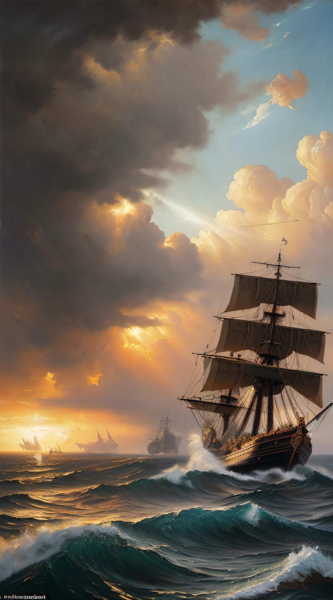 (masterpiece, high resolution, oil painting, Greg Rutkowski style:1.3), Persian warships, (decorated with fearsome symbols:1.2), clashing with Greek navy, roiling sea, splashing waves, (soldiers in battle frenzy:1.1), exploding fire arrows, ships ablaze, cloudy sky, dusk setting, (richly textured sky with purples and grays:1.2), violent conflict, extreme long shot, high seas drama.
Title: The Mighty Triremes - Persian vs Greek
Recommended aspect ratio: 9:16
Prompt:
(masterpiece, 8K, oil painting, Greg Rutkowski style:1.3), close-up of a Greek trireme, (elaborate carvings on the hull:1.2), Persian warship looming, crashing waves, desperate hand-to-hand combat, bronze armor and shields, (glinting in the afternoon sun:1.1), shadowy figures of more ships, turbulent sea, tumultuous clouds, (vivid contrasts of light and dark:1.2), battle's peak