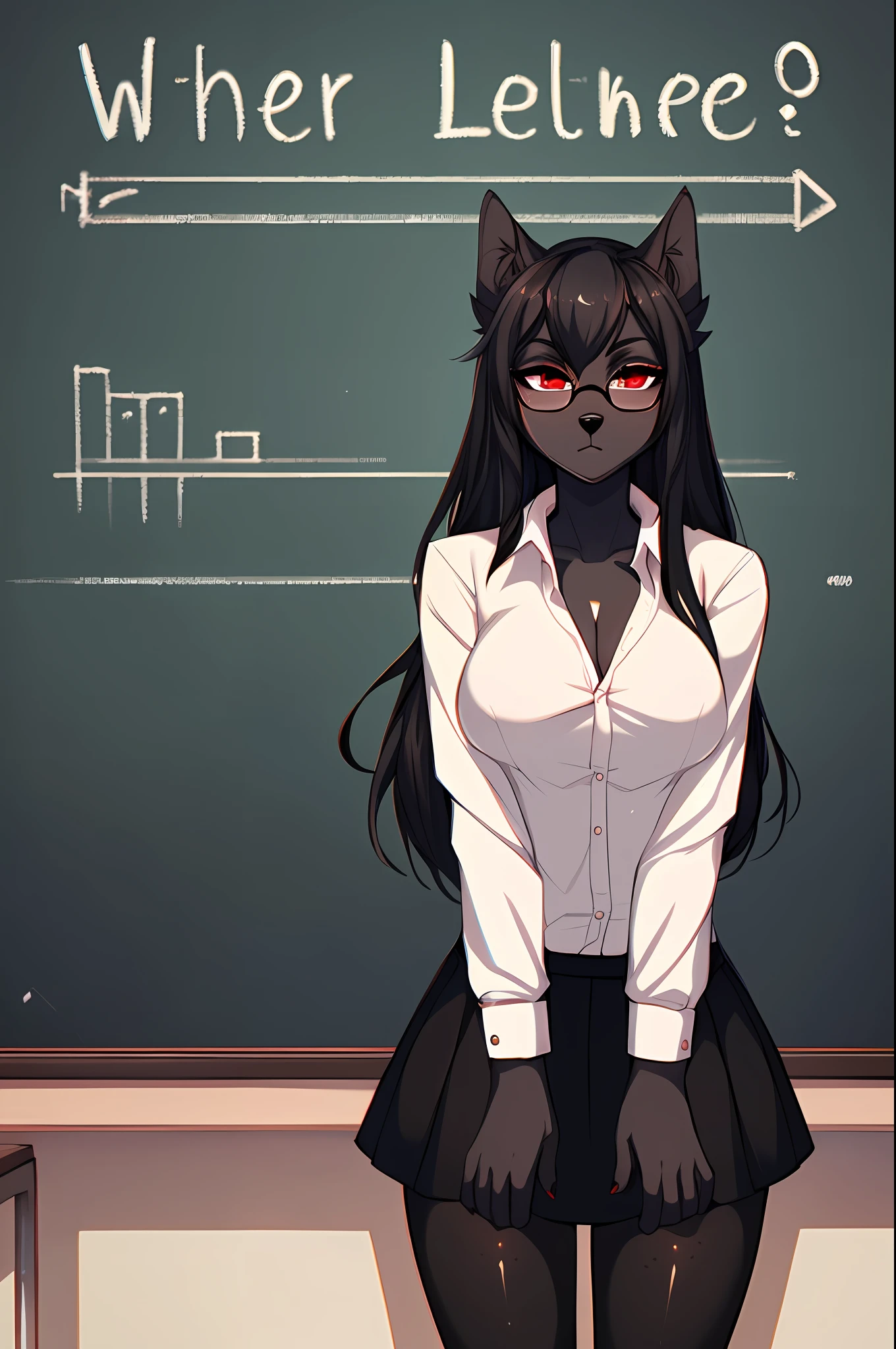 Solo, (by hyattlen, by fumiko, by claweddrip:1.2) an all black anthro furry dog girl, (black furry body:1.2), very long black hair, wearing a button up white shirt, long black skirt, wearing glasses, serious look on face, leggings, high heels,standing in a classroom, teaching, in front of a chalkboard, masterpiece, (cute snout:1.2) black nose, solid red eyes, (black skin:1.2)