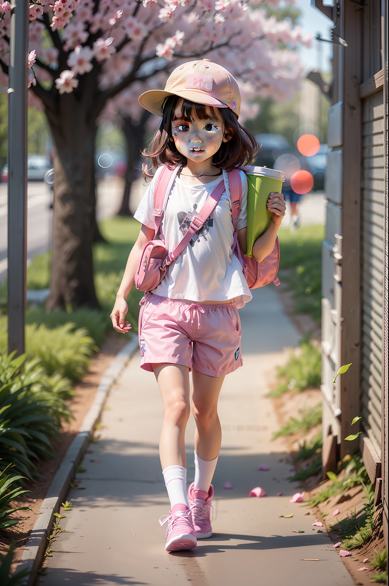 springtime，In nature，A  in a white shirt，Pink shorts， wearing pink hat，Bring a pink backpack，Wear pink sneakers on your feet