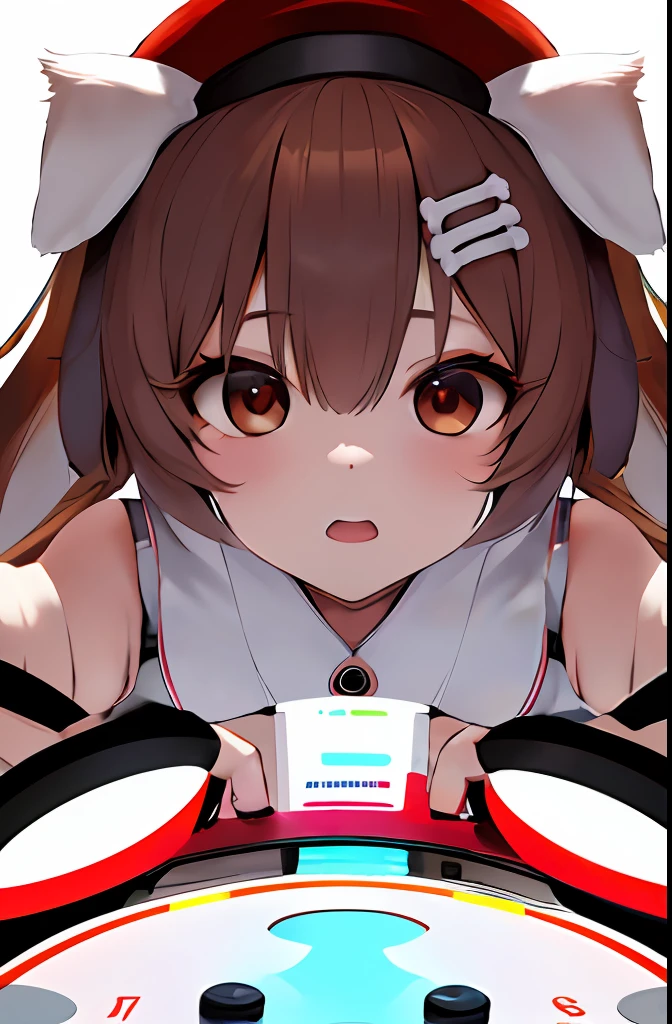 A solo shot featuring ik2, 1girl, inugami korone, white shirt, brown skirt, hat, animal ears a DJ, showcasing her skills on the turntables