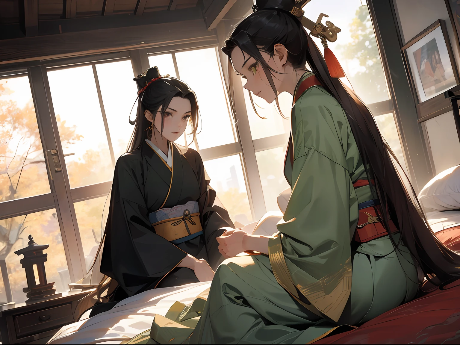 tmasterpiece,Ultra-clear image quality,2guys,1 man,20yr old,brunette color hair,Yellow dark pattern Hanfu,Sitting on the bedside,1 woman,16 yaers old,Long black hair fluttering,Green eyes,ssmile,Pale green hanfu,Look up at the perspective,Sitting on the bedside,Background with:Ancient Chinese room