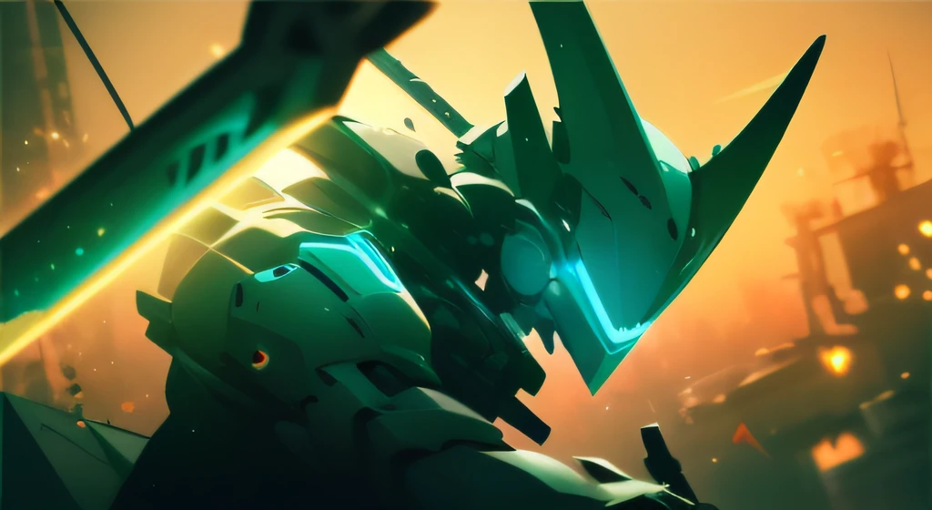 ((tmasterpiece)),((best qualtiy)),8K,high detal,Hyper-detailing,Cool mech wearing a V-shaped helmet,Colorful illuminated mech set,Wielding a glowing longsword,Maintain a fighting stance,Close-up Shot Shot。in the background,Many monsters lurk in the smoky atmosphere。