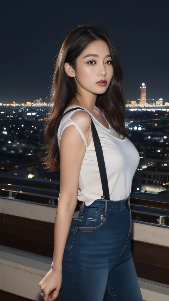 ((Midnight, Best quality, 8k, Masterpiece :1.3)), Whole body, Long legs, Sharp focus :1.2, A pretty woman with perfect figure :1.4, Slender abs :1.1, ((Dark brown hair, Big breasts :1.2)), (White tight tshirt, Jean bib, Standing:1.2), ((Night city view, Rooftop:1.3)), Highly detailed face and skin texture, Detailed eyes, Double eyelid