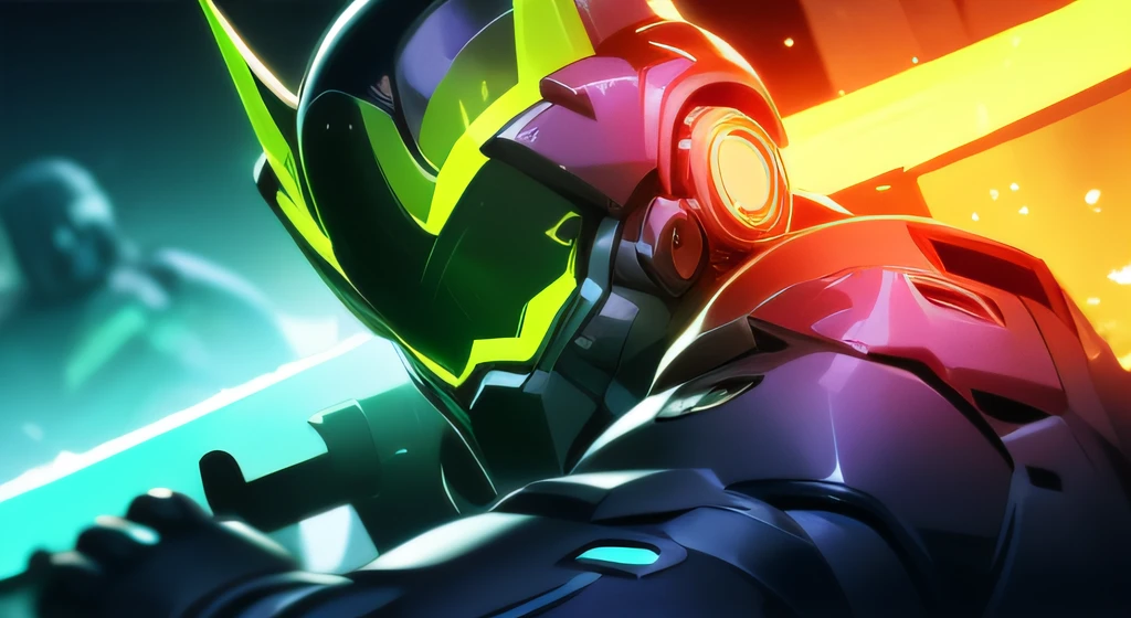 ((tmasterpiece)),((best qualtiy)),8K,high detal,Hyper-detailing,Cool mech wearing a V-shaped helmet,Colorful illuminated mech set,Wielding a glowing longsword,Maintain a fighting stance,Close-up Shot Shot。in the background,Many monsters lurk in the smoky atmosphere。