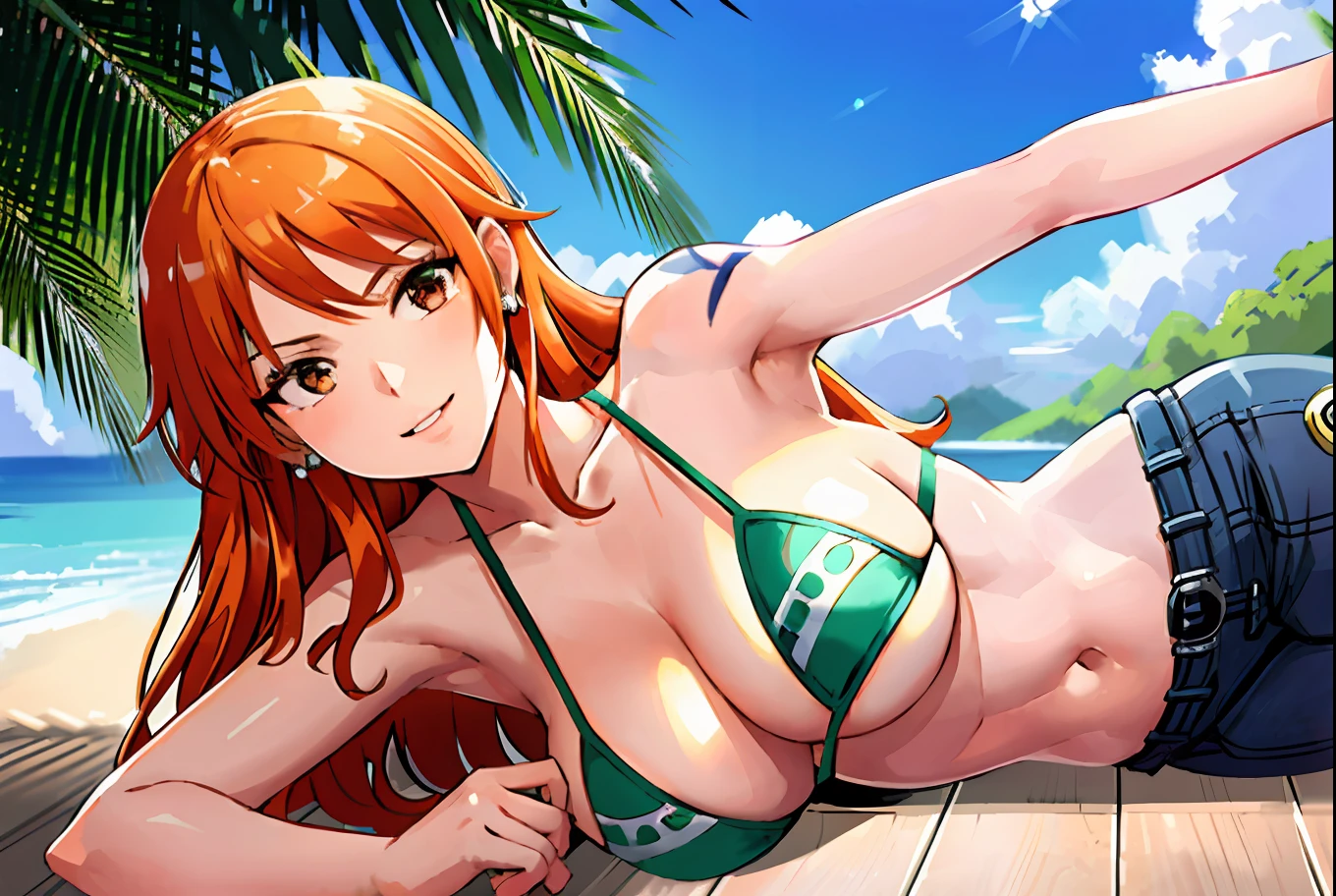 detailed background, masterpiece, 4k, epic, best quality, late youth, adult, milf, athlete body, 1girl, active, energic, ((wide open mouth, smile, lying on the ground, fully lying down, open eyes, hands spread sideway)) , solo, nami \(one piece\), 1girl, bangle, (very missy hair, tired, open mouth, feeling hot, tilting head, both hands spreadeagled, serious, hurt, glaring, open eyes, looking up, perfect detailed face, round face) bold drawing lines, muscular arms, detailed bold arm lines, flat jaw, adult woman, wavy wide streaked bangs, floating bang, (big cheeks), bare shoulders, off-shoulders, belt, bikini, bikini top only, blue sky, bracelet, springy breasts, breast lines, big round eyes, very big brown shiny eyes, bubbles, high eye position, cleavage, cloud, day, denim, earrings, floating hair, shiny hair, green belt, green bikini, bold groin lines, jeans, jewelry, medium breasts, log pose, long hair, looking at viewer, long navel, wet hair, orange hair, pants, shoulder tattoo, sidelocks, sky, solo, stomach, swimsuit, tattoo, detailed left arm, big forehead, hourglass figure, small head, toned body, wide hair, wind effect, sun effect, under the sun, narrow small ears angle, older, straight shot,