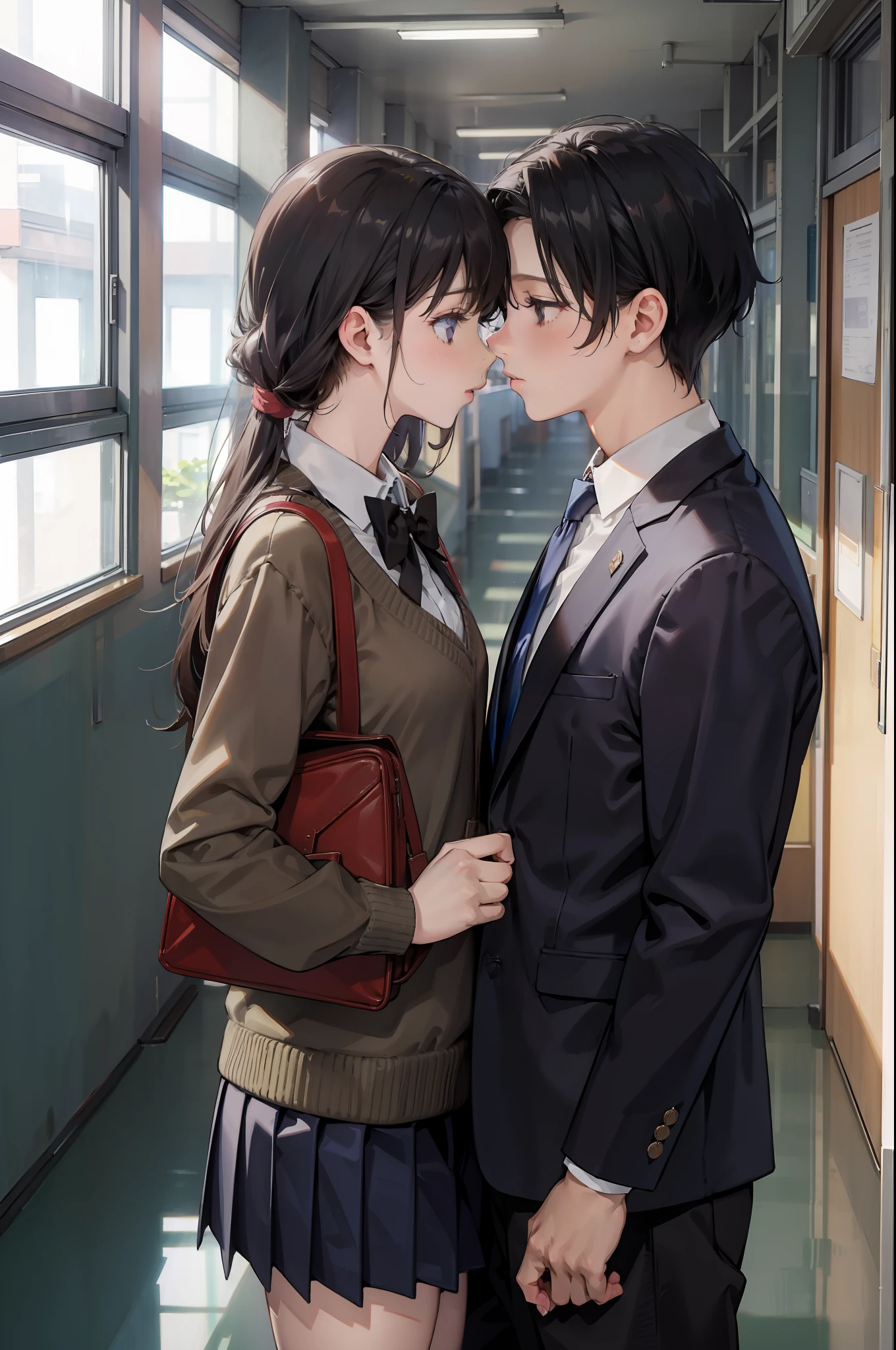 1girll, school hallway, school uniform, 1boy, Kiss,, Masterpiece, Best quality, Highly detailed