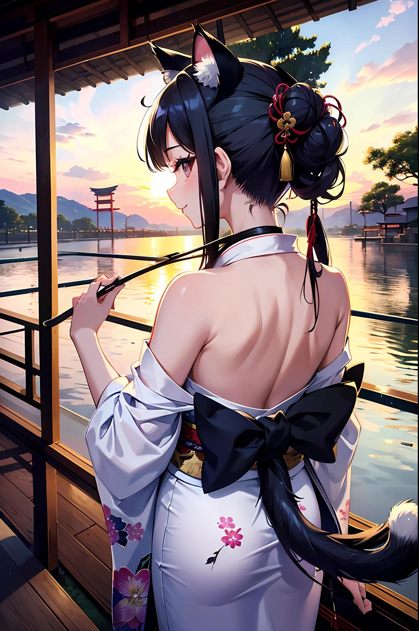 extremely delicate and beautiful girls, a beautiful detailed girl in Washitsu, extremely detailed, back, from_behind, ass, standing, dreadlocks, hair pulled back, single hair bun, black hair, delicate beautiful face, seductive smile, kimono, (fake_animal_ears, fake_cat_tail:1.3), floral_print, Japanese style architecture, absurdres, ultra detailed, extremely detailed 8K wallpaper,