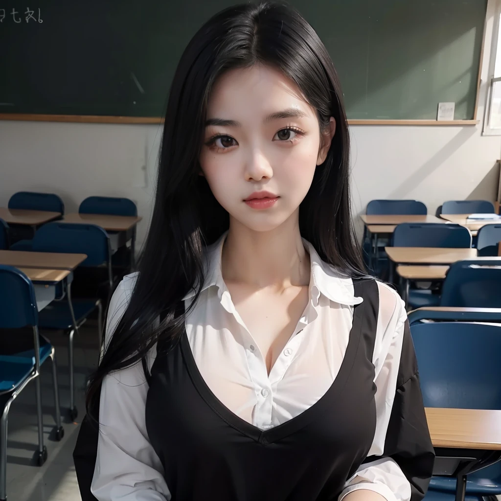 woman, long black hair, black eyes, detailed face, detailed body, well-defined body, teacher clothes , in a classroom, very detailed, high detail, masterpiece