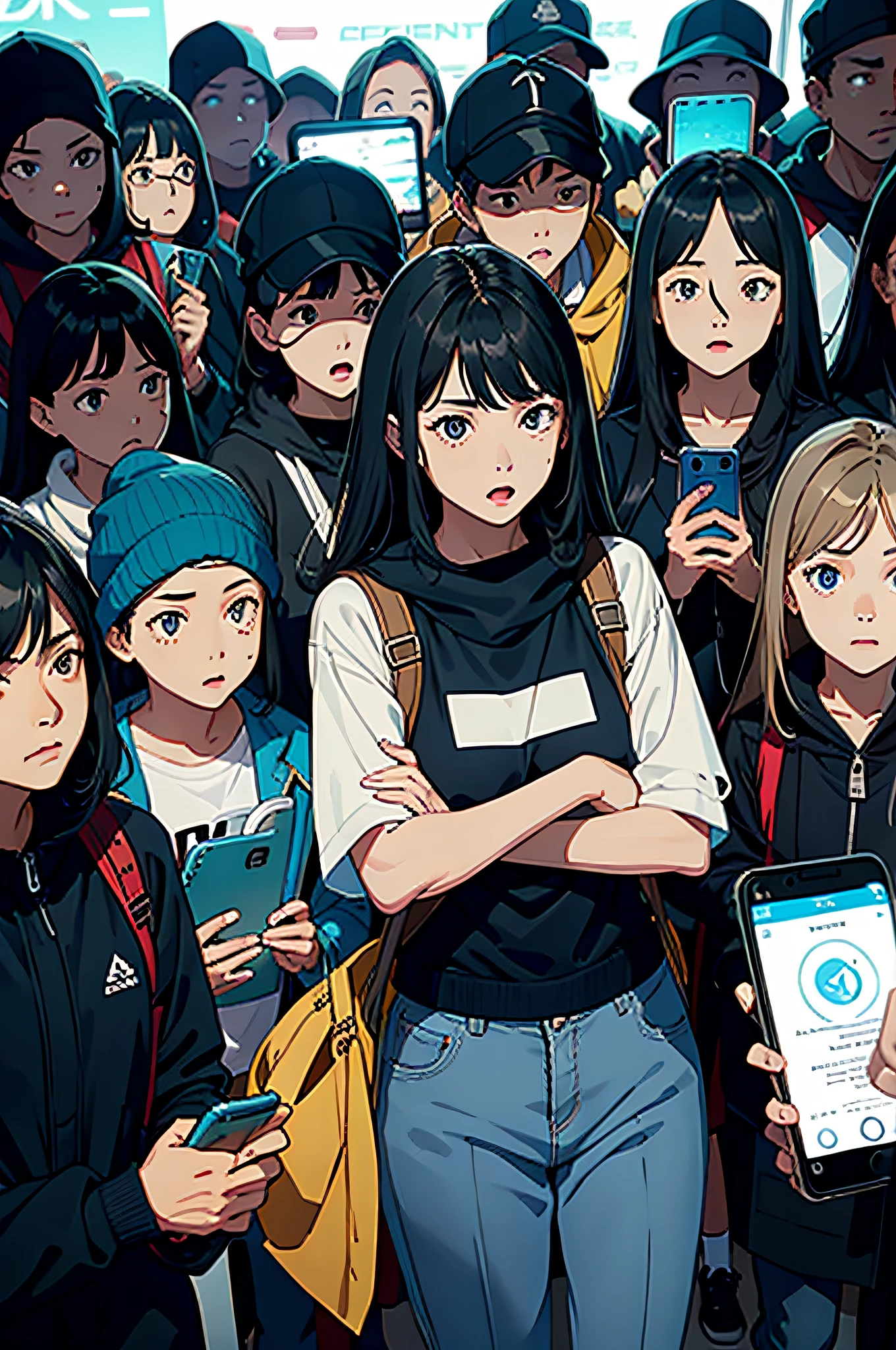 A group of spectators looked at the phone screen with shocked expressions
