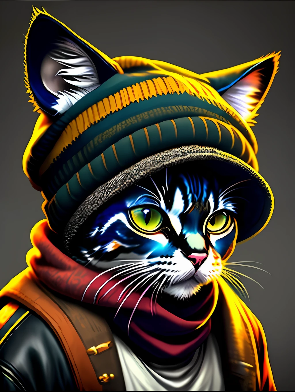 picture of a cat in a hat and scarf, art station trend, dressed in punk clothes, hyper realistic detailed rendering, british gang member, urban style, intimidating pose, planet of cats, fashion clothes, urban samurai, meow, west slavic traits, 8 1 5