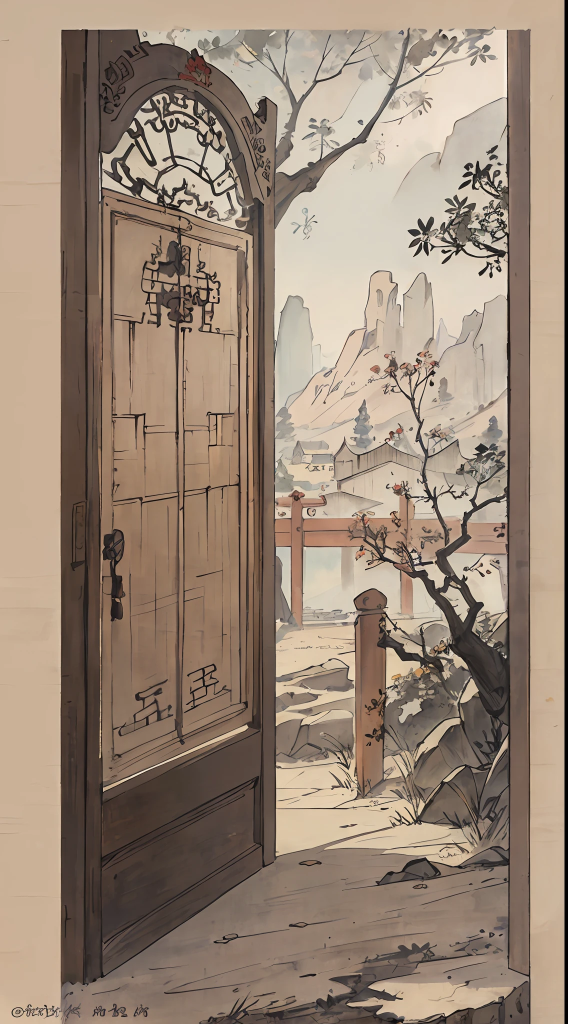 "(picture quality is high+1.5)The legendary Acacia Gate，Acacia Gate（1.5），Highlight a door，The view inside and outside the door is different，k hd，Traditional Chinese watercolor，Traditional Chinese painting，China ink painting"