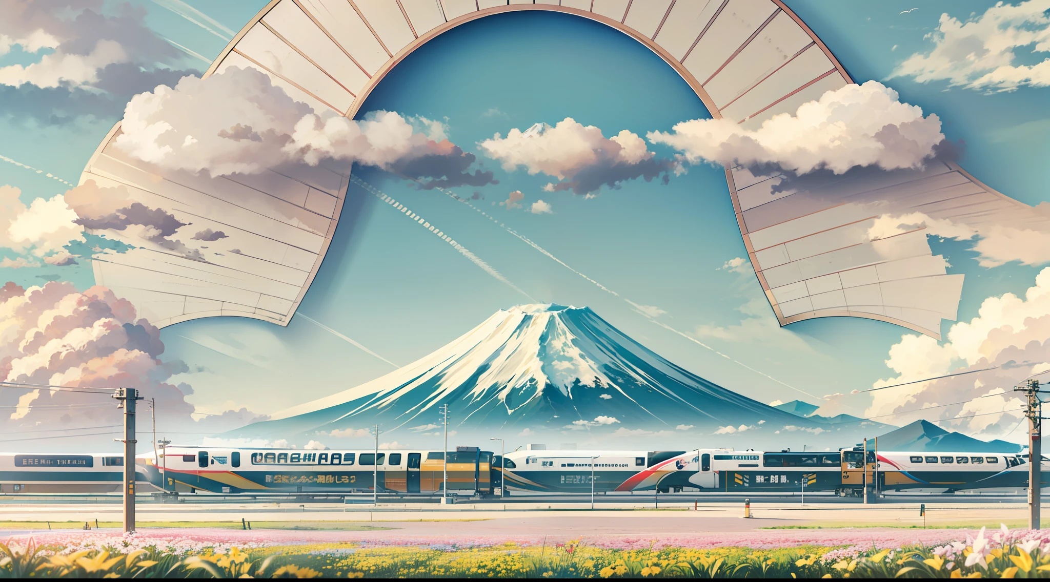 Background with: Mt fuji, bullet train, Large fields
Weather: fine
Sky details: 3D clouds, Authentic texture