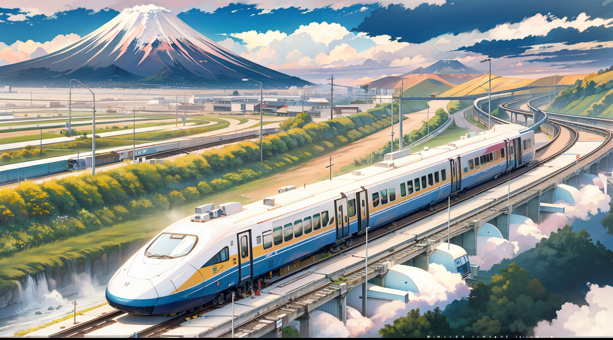 Background with: Mt fuji, bullet train, Large fields
Weather: fine
Sky details: 3D clouds, Authentic texture