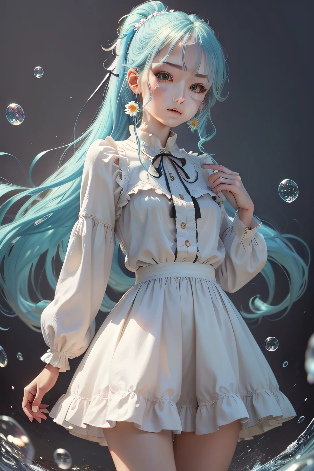 (masterpiece), (best quality), (ultra detailed),(disheveled hair),(illustration), (1girl), (Fashionable clothing), standing, Fashion model, looking at viewer, (interview), (simple background),beautiful detailed eyes, delicate beautiful face, Floating,(high saturation),(colorful splashes),colorful bubble,(shining), focus on face,  ponytail, kamisato ayaka, light blue hair, bangs, hair ring, floating flowers, floating hairs, (shining), best lighting, best shadow,