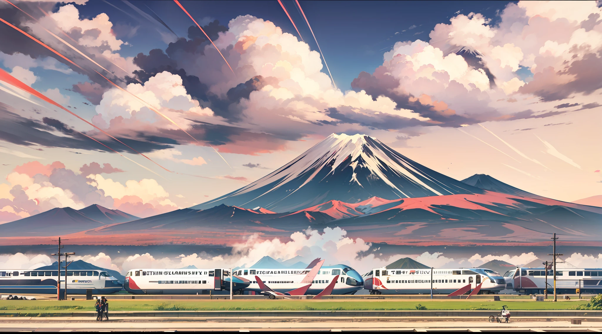 Background with: Mt fuji, bullet train, Large fields
Weather: fine
Sky details: 3D clouds, Authentic texture