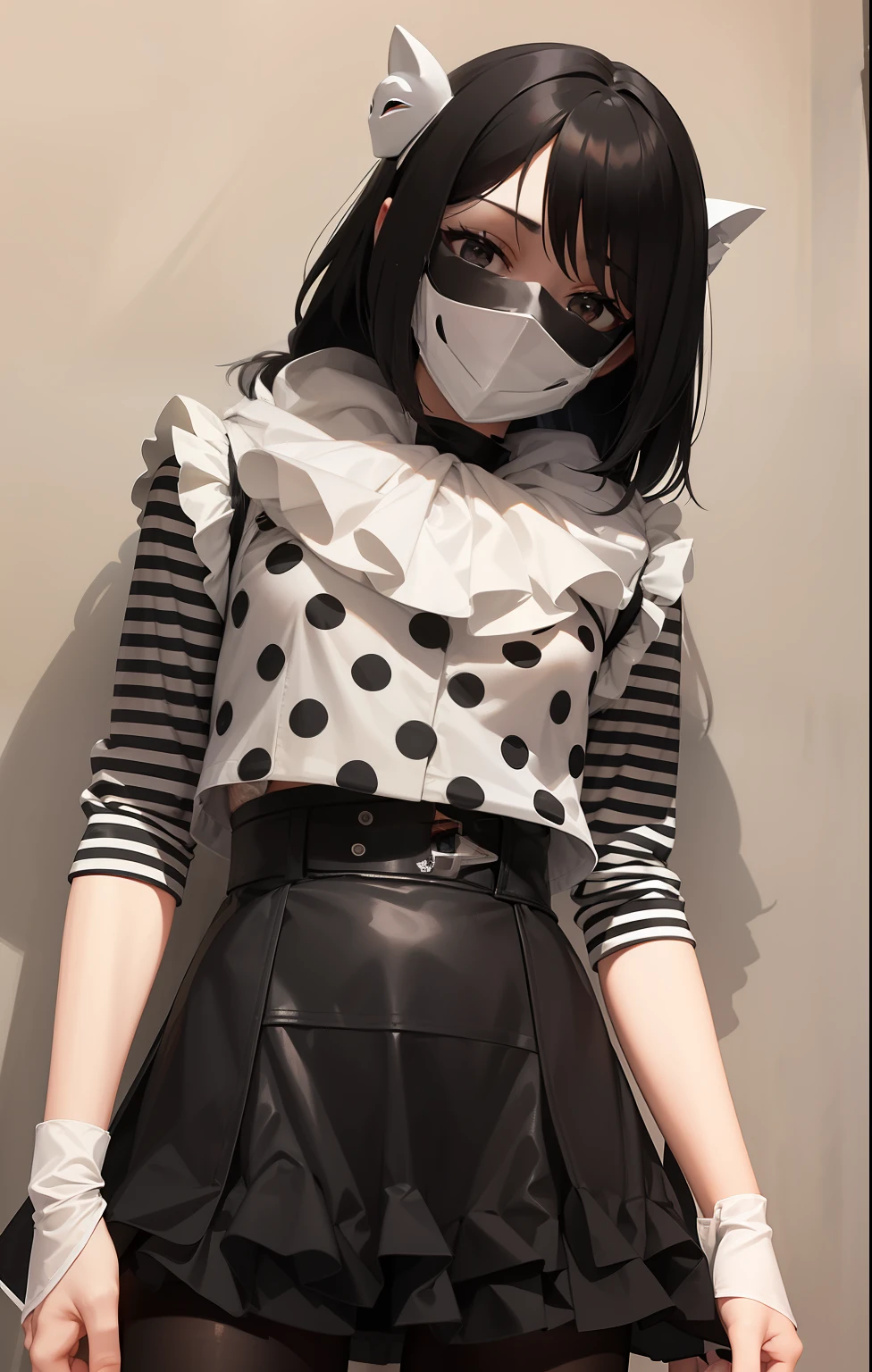 girl wearing a mask, black and white clothing, full mask, mask covering face