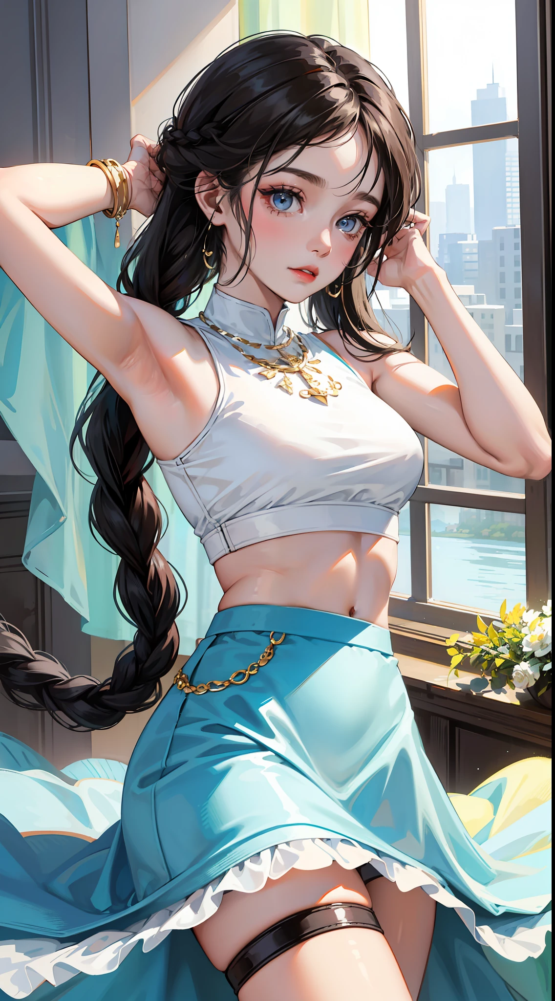 A young and beautiful woman，a cute face, Black double braid, Wearing a white crop top top, and a short light blue skirt.
