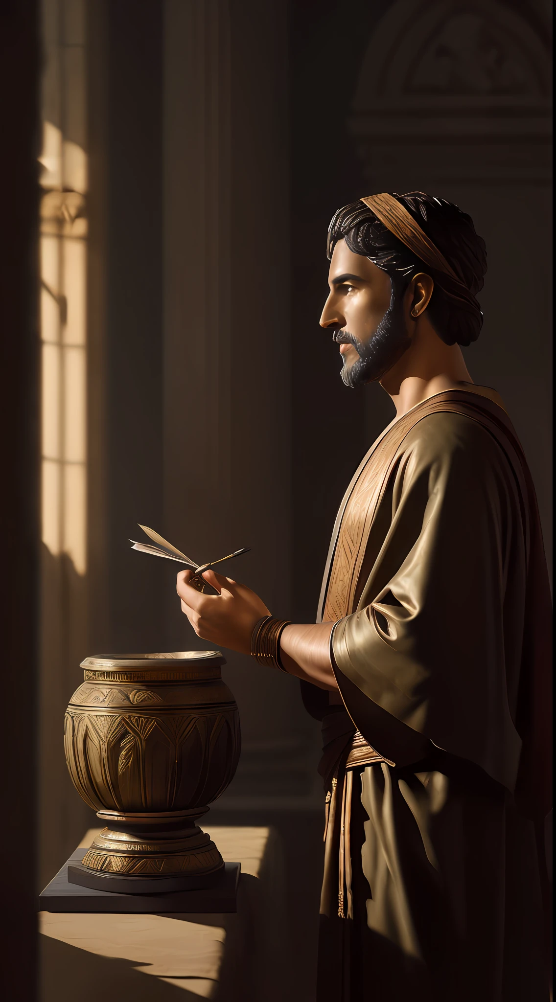 (masterpiece, 8K, best quality, Greg Rutkowski style:1.3), Herodotus, (rugged face:1.2), intense (piercing eyes:1.1), classical Greek robes, scribing on papyrus, ancient study room, bronze statuettes, painted amphorae, gentle candlelight, rich shadows, cool colors, focused, side view, full body.