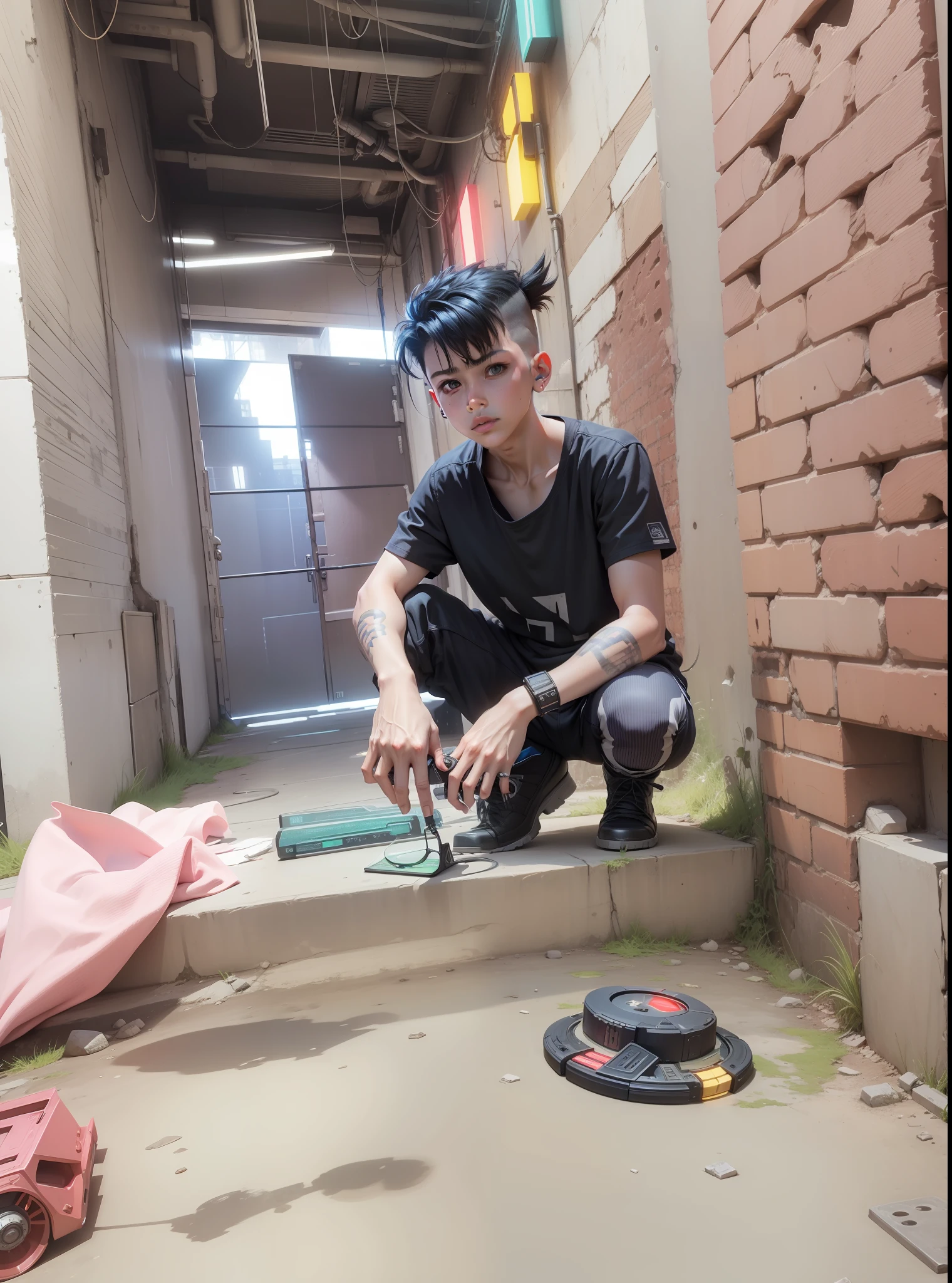Change background cyber punk, young boy, 8k realistic, with monster