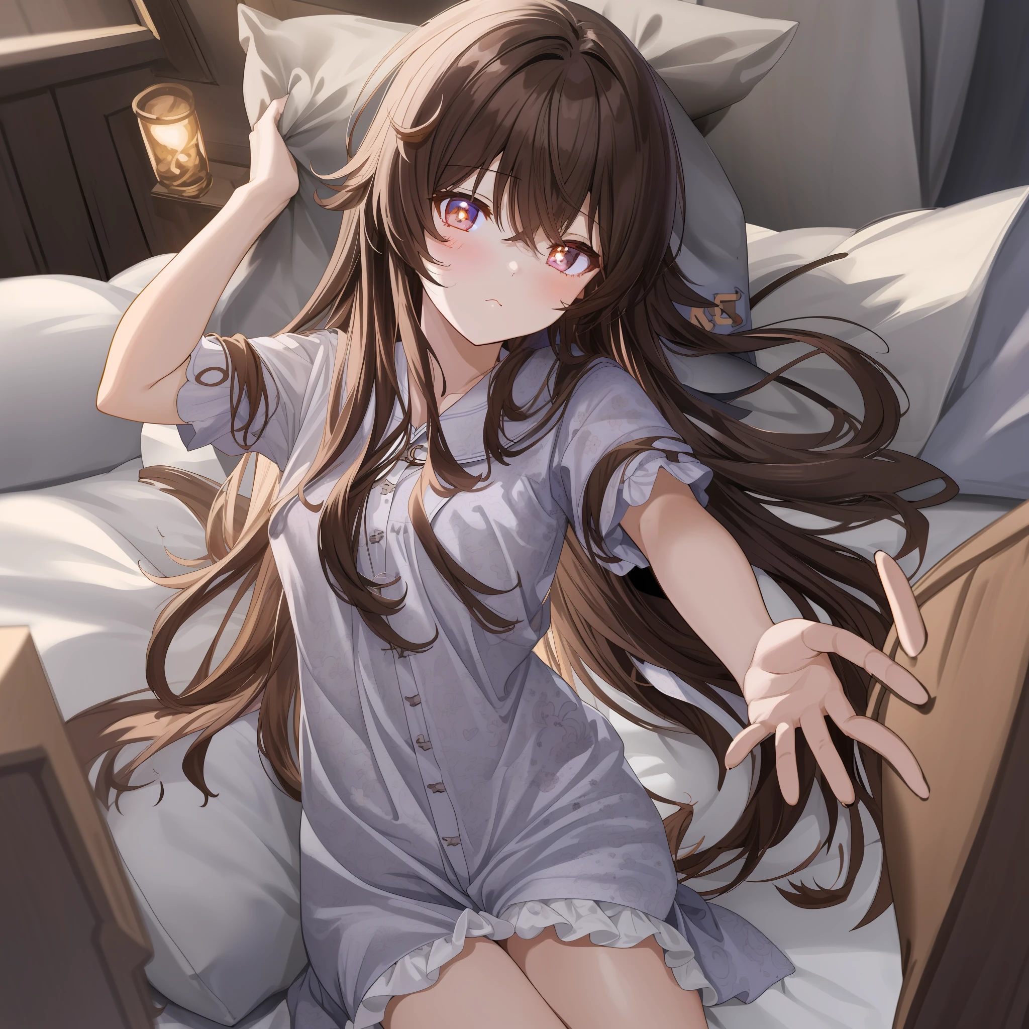 Anime girl lying on bed,Long brown hair and blue shirt, Anime girl with long hair, anime moe art style, Smooth anime CG art, in dress, seductive anime girls, small curvaceous loliom girls frontline, nightcore, Fine details. Girl Front, Cute anime girl, 4k manga wallpapers, ilya kuvshinov with long hair