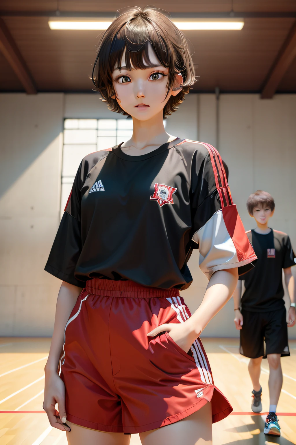 Original Character ,2 boys, Play badminton together , brunette color hair , Broken bangs , Smart eyes , Place your hands on your waist ,Age 23 years, Black and red color scheme,ssmile, (largeeyes:1.2), glowing light eyes, On the badminton court