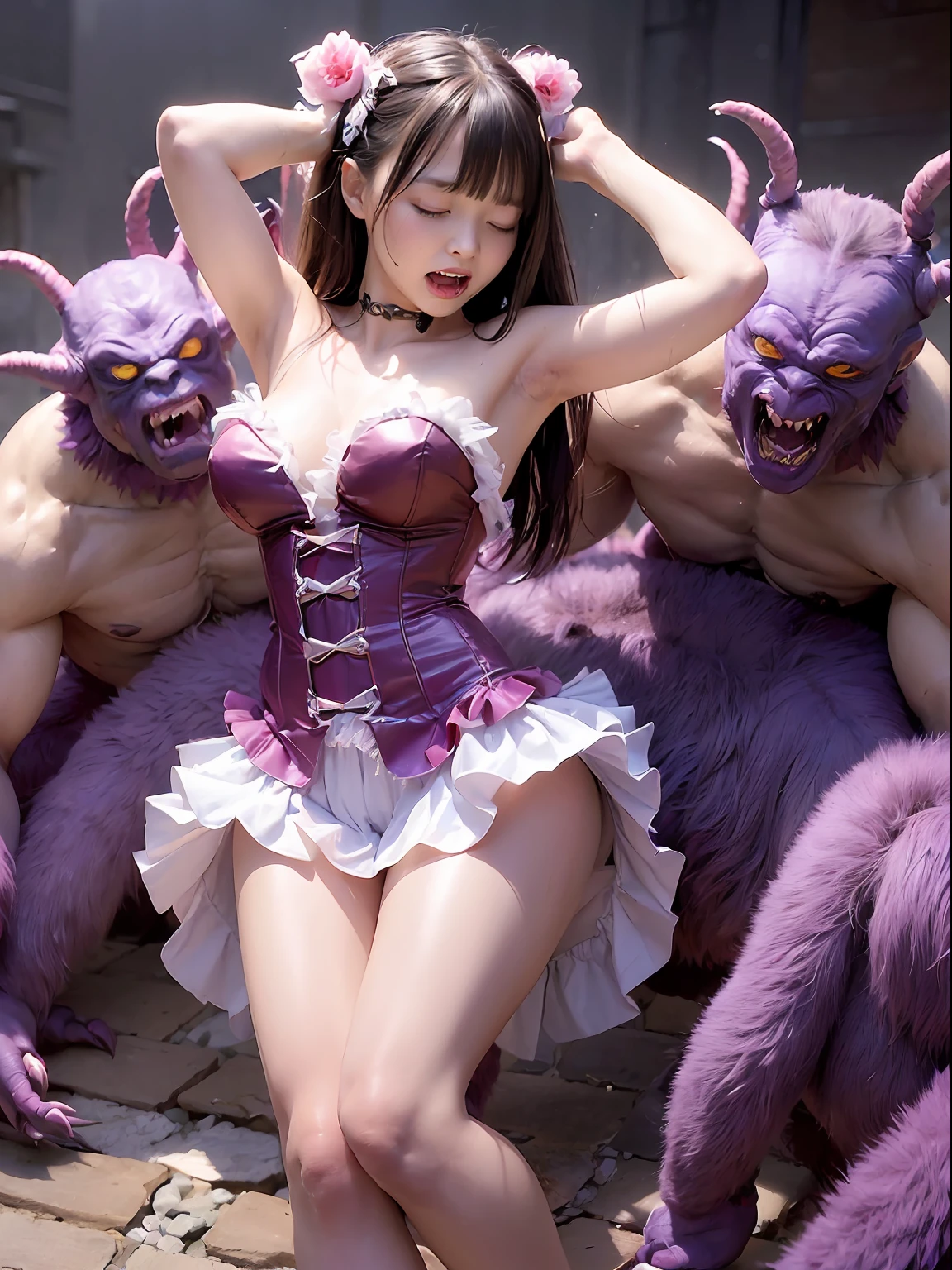 (molesting:1.8)A Japanese Lady、dark cave background、very Bigger breasts、(Multiple monsters around her bite into her arm、Multiple monsters around her bite into her legs:1.8)、molesting、There are a lot of monsters around her、Monster biting her arm、breasts squeezed、 molesting、A crowd of crazy monsters grabs her chest、Monsters around her、Squeeze the body、Many monsters grab the chest、Bitten、(Monster pulls and bites clothes、No women in the crowd:2.4)、((top-quality、8K、masterpiece:1.3))、((1girl in、Rough breath、Invite sexual expressions、Frightened look、Wet、full body Esbian、hyperdetailed face、Eyes closed、二重まぶた、Slim Faces、Cute、extremely delicate and beautiful、Overall、ultra-detailliert、4K、masutepiece、Girl with a puzzled face、blanche、pink there、colourfull、magicalgirl、corsets、frilld、highleg、Strapless、Strapless Bras、tiarra、legs are raised、Raising legs、Clothes are torn:1.8))、Crucifixion、Punishment、Punishment