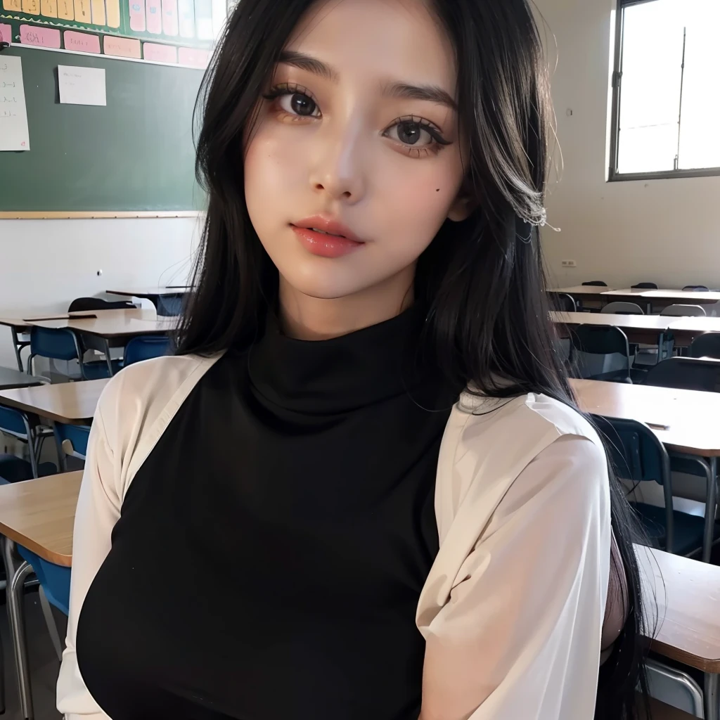 woman, long black hair, black eyes, detailed face, detailed body, well-defined body, teacher clothes , in a classroom, very detailed, high detail, masterpiece
